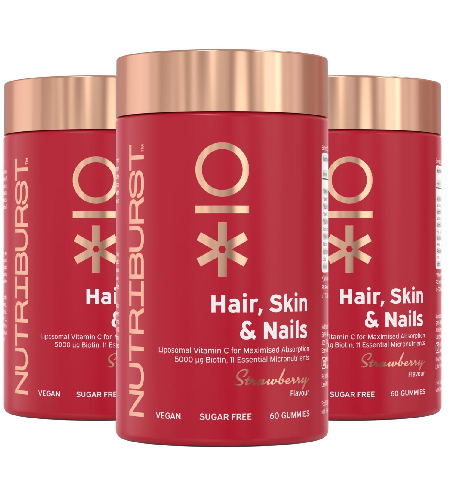 Nutriburst Hair Skin & Nails Multipack - Supports Skin Builds Collagen & Nail Strength - 5000 mg Biotin Zinc + Vitamin A C D E - Vegan & Sugar Free - 3 x 60 Strawberry Gummies - 3 Month Supply Hair Skin & Nails Advanced Nutrition 60 count (Pack of 3) - Buy Online on GoSupps.com