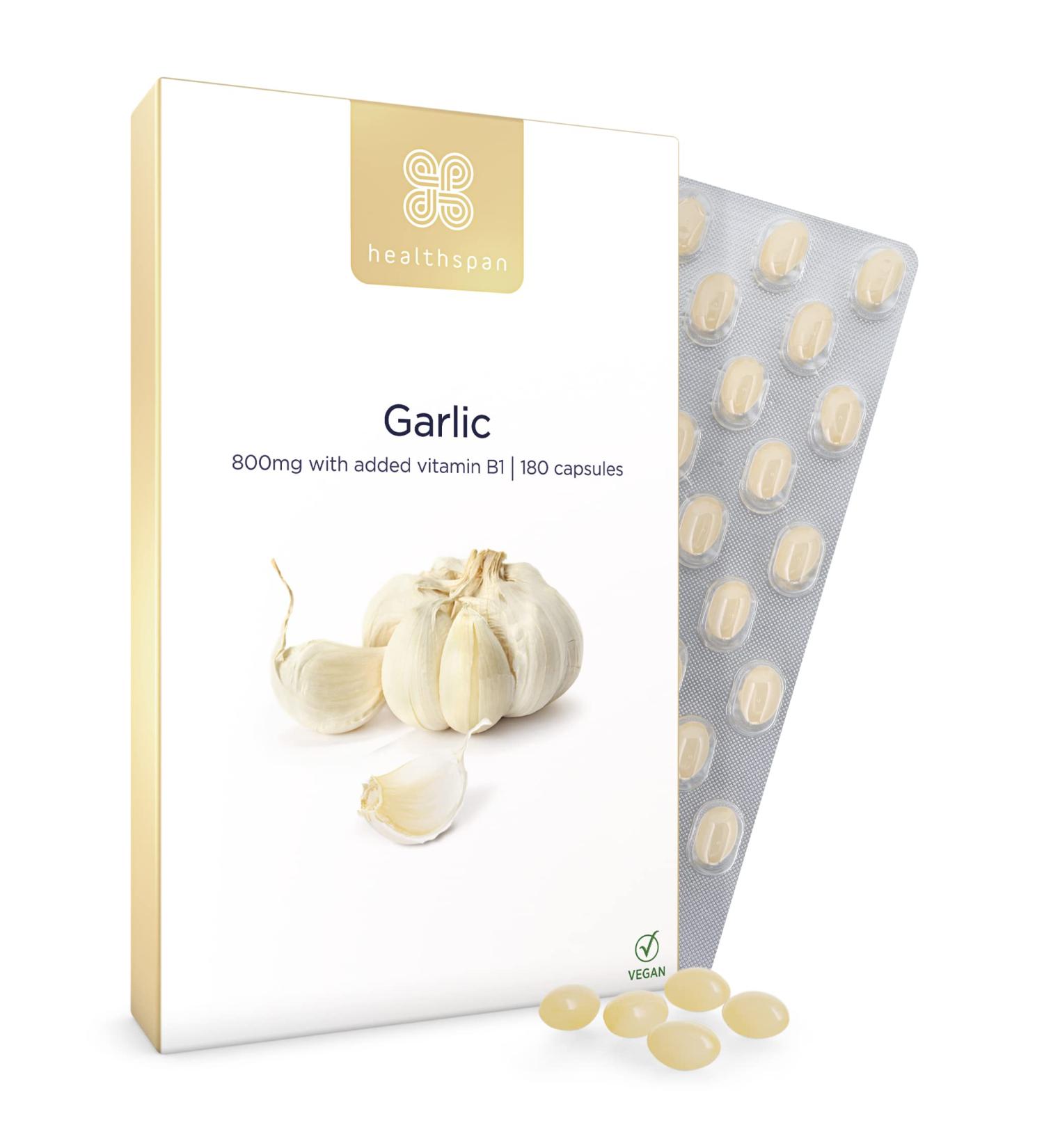 Healthspan Garlic 800mg (3 Months' Supply) with Vitamin B1 | Supports Heart & Respiratory Health | Maintains Cholesterol Levels | Odour Controlled Vegan Capsules | 180 Count - Buy Online on GoSupps.com
