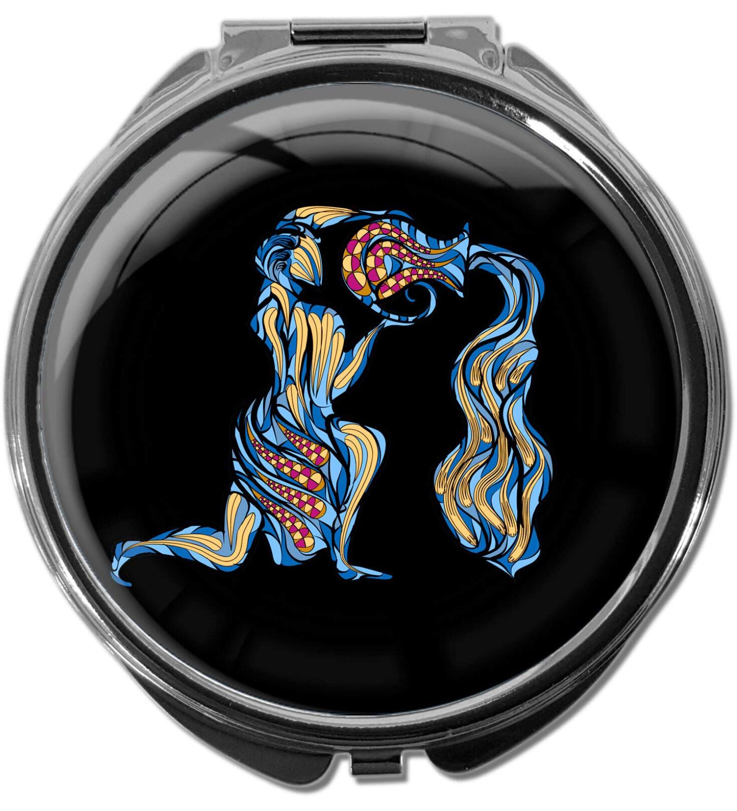 Shop Metal Pill Box with Mirror - Round 3-Compartment Aquarius Zodiac Sign - International Shipping Available - Buy Online on GoSupps.com