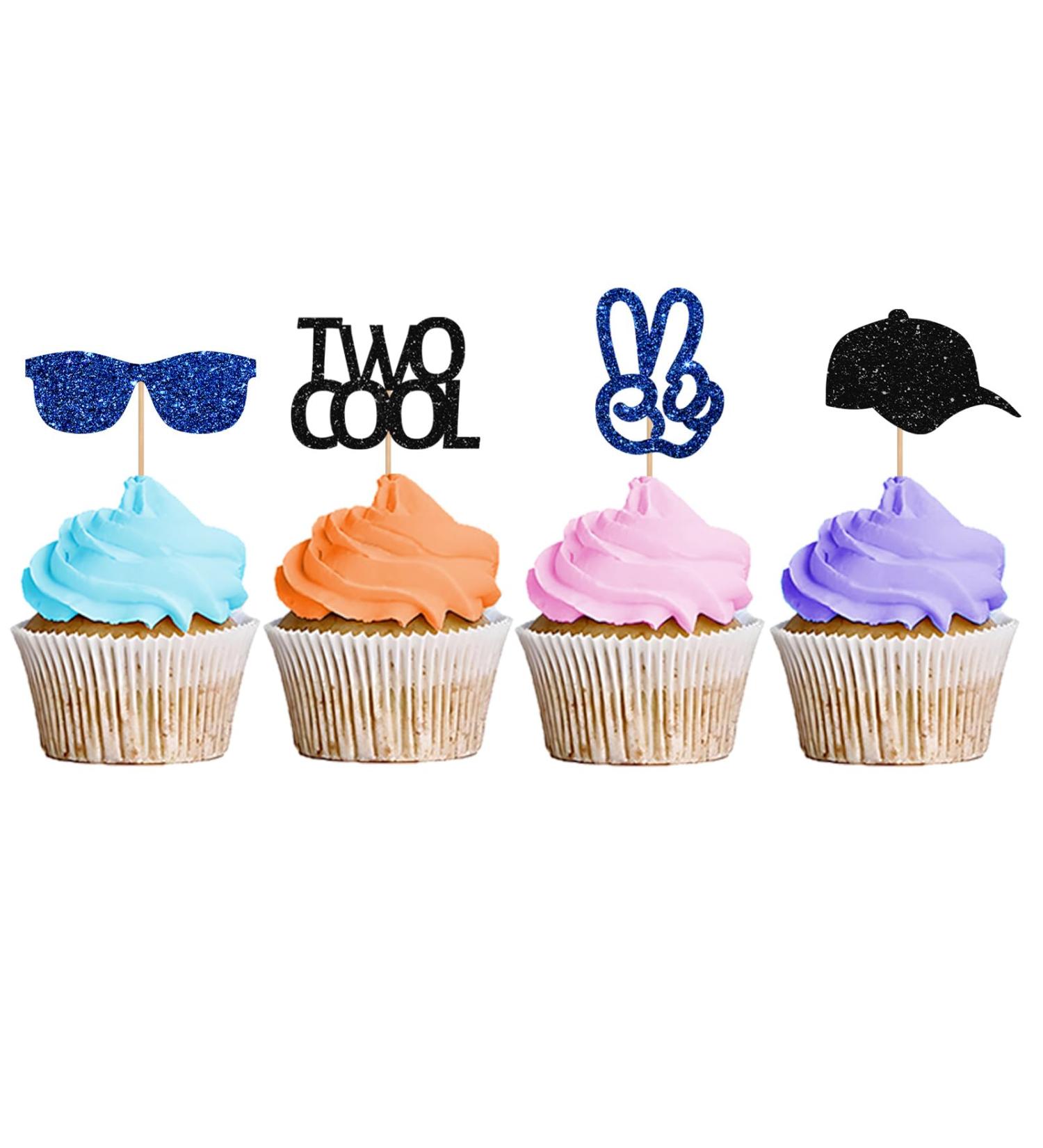 Two Cool Cupcake Toppers Baby 2nd Birthday Party Decor for Boys Sunglasses Sign Dessert Picks Two Years Old Birthday Party Decoration - Blue & Black Glitter - Buy Online on GoSupps.com