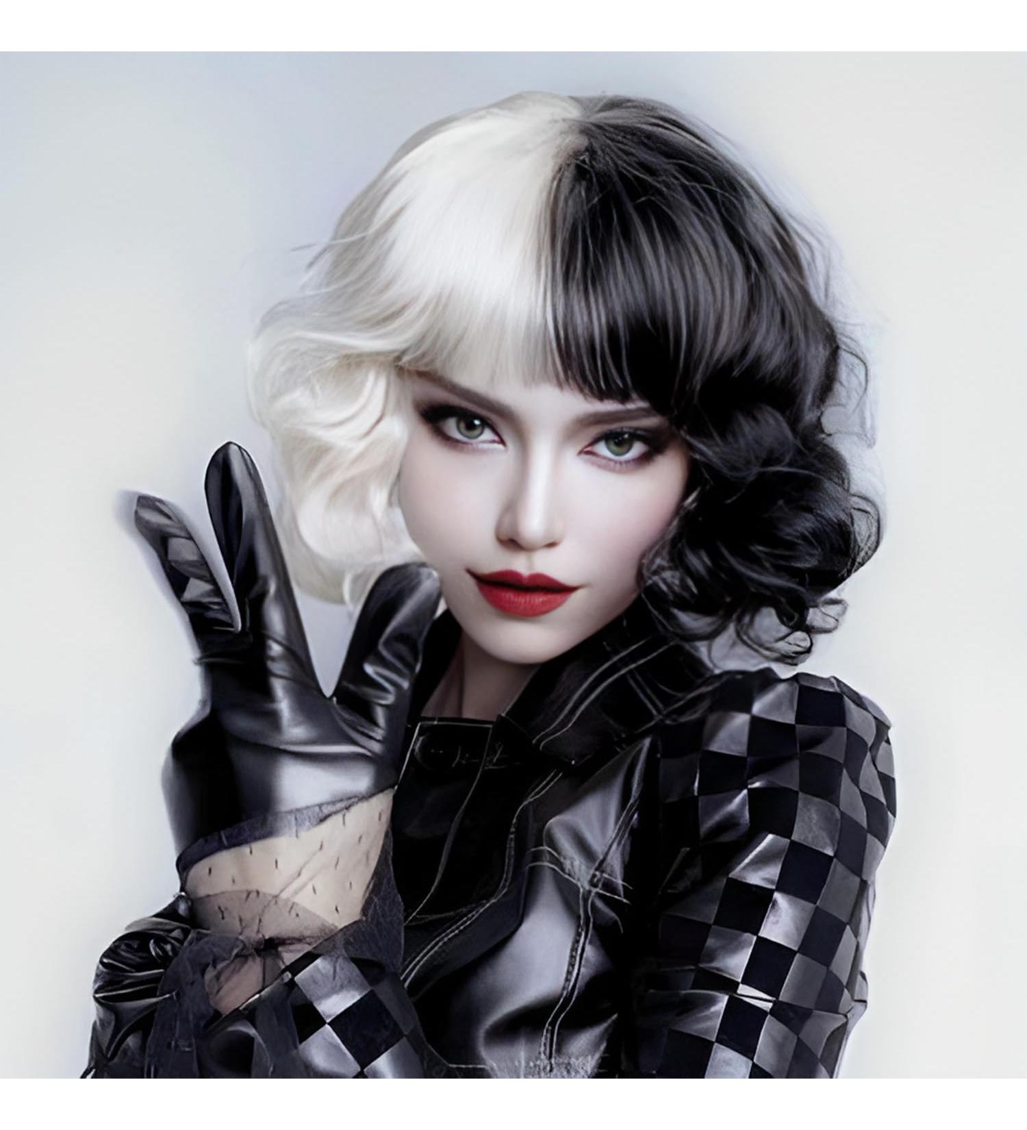 Cruella Deville Wigs Black and White Wigs Short Curly Wig & Wig Cap Wavy Curly Wigs Halloween Cosplay Party Wig for Women Men Halloween Decoration Cosplay supplies - Buy Online on GoSupps.com