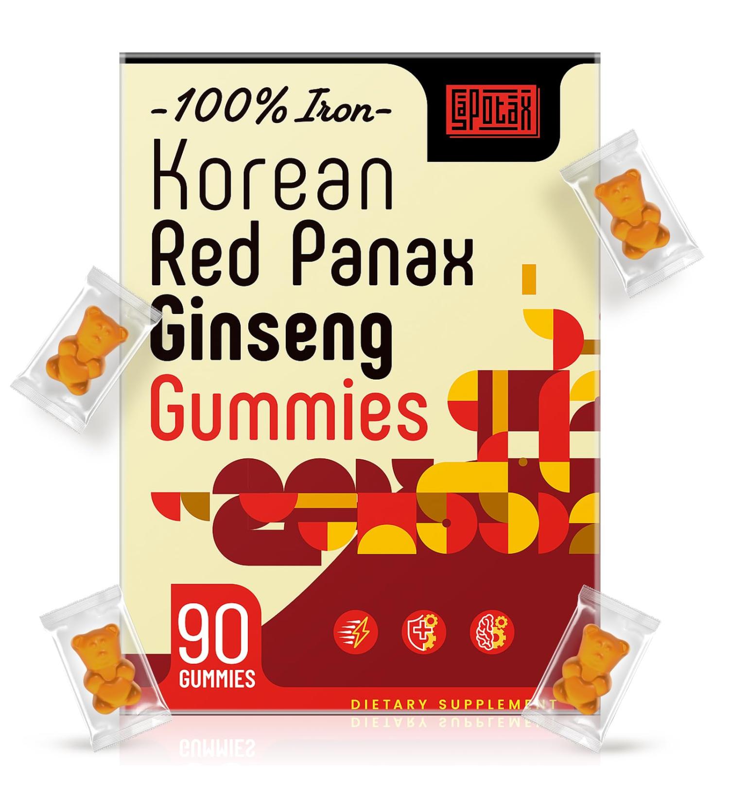 Korean Red Panax Ginseng Supplement Gummies - Iron Supplements for Women & Men - Iron Gummies with Vitamin C, B6, B12, Potassium & Magnesium, Vegan - 90 Count 90 Count (Pack of 1) - Buy Online on GoSupps.com