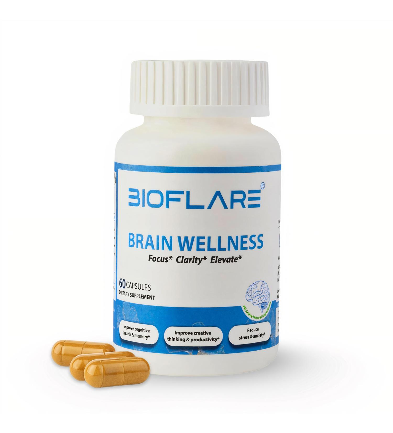 BIOFLARE Brain Wellness Supplements for Memory and Focus and Mental Clarity Natural Nootropic with Ashwagandha Bacopa Monnieri & Ginkgo Biloba Memory Pills & Brain Vitamins 60 Vegan Capsules - Buy Online on GoSupps.com
