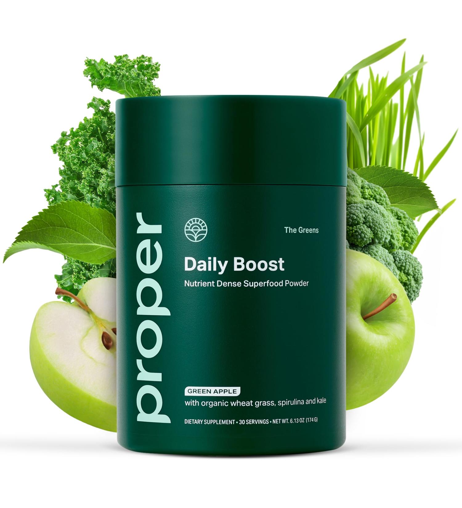 Proper The Greens Daily Boost Organic Greens Powder. Whole Food Apple Flavour Veggie Powder Superfood with Wheatgrass Spirulina Chlorella Probiotics. Daily Drink Mix for Wellness and Digestion 30 Servings - Buy Online on GoSupps.com