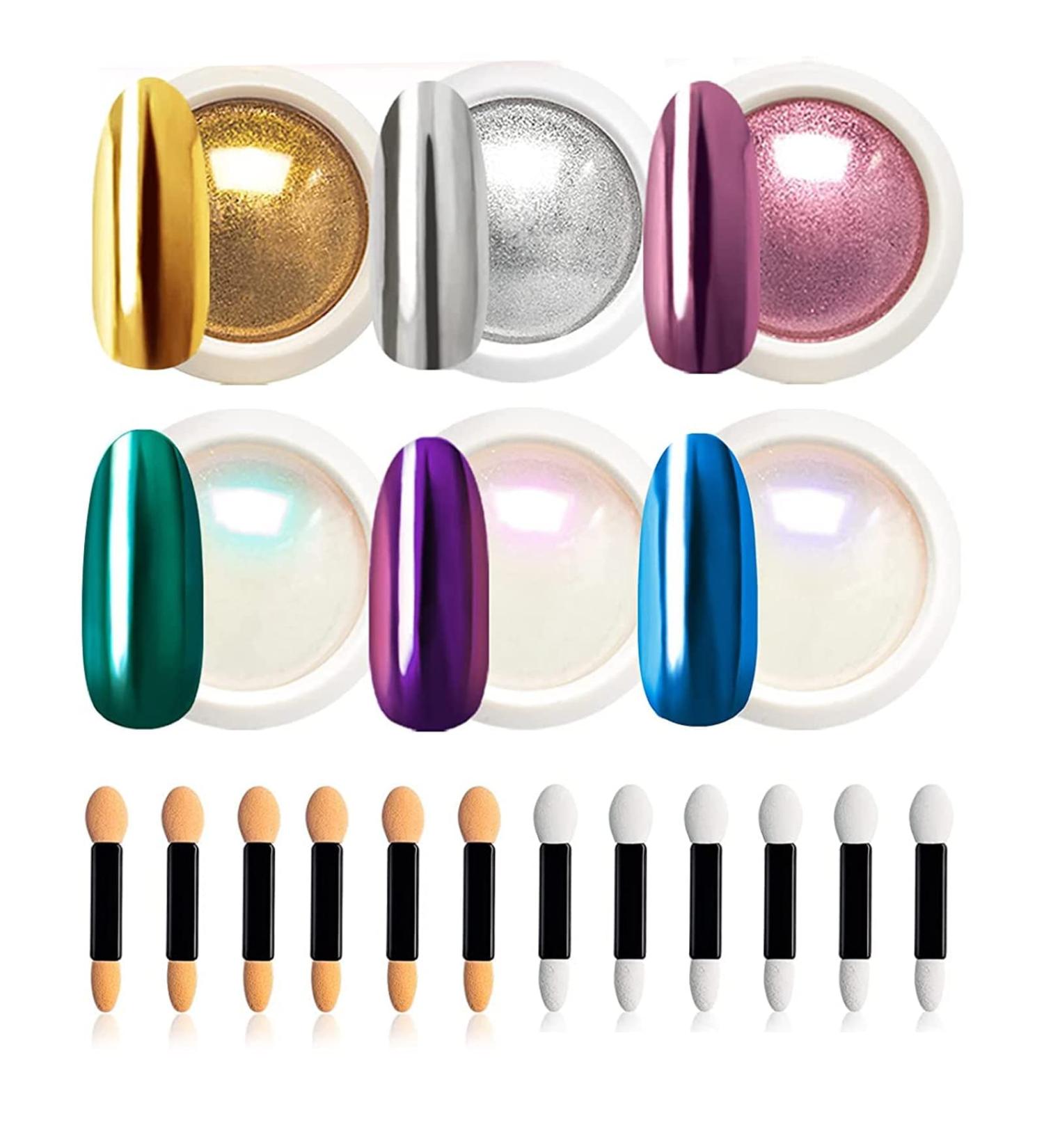 Chrome Nail Powder Set - Metallic Mirror Effect Holographic Iridescent Nail Pigment Glitter Art Decoration - 6 Jars Aurora Shell Chrome Powder - Buy Online on GoSupps.com