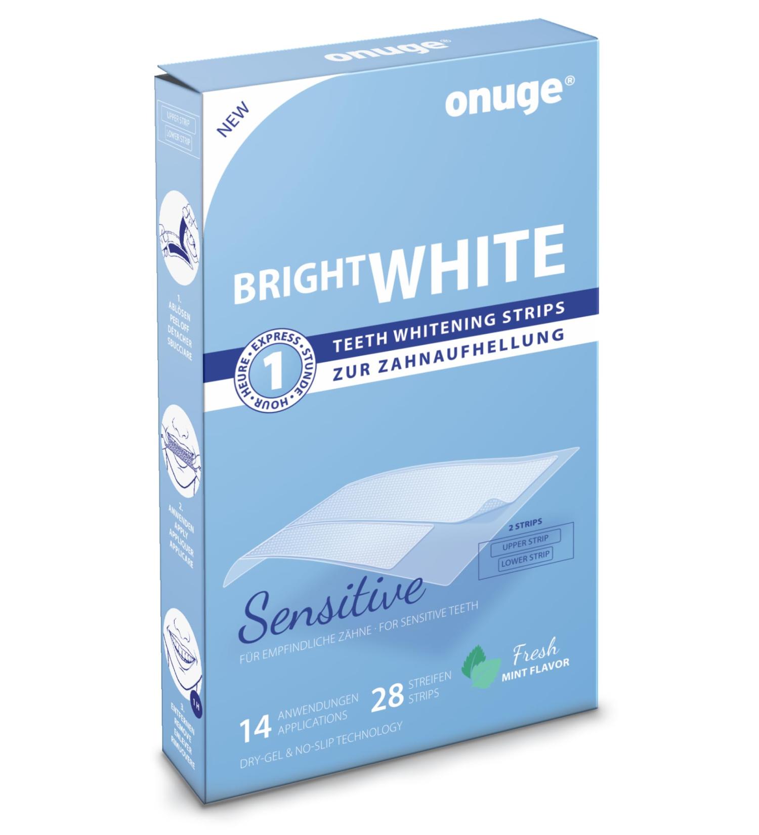 Onuge Bright White Sensitive Bleaching Strips - Professional Tooth Whitening for Sensitive Teeth - 14-Day Anti-Slip Peroxide-Free Formula - Buy Online on GoSupps.com