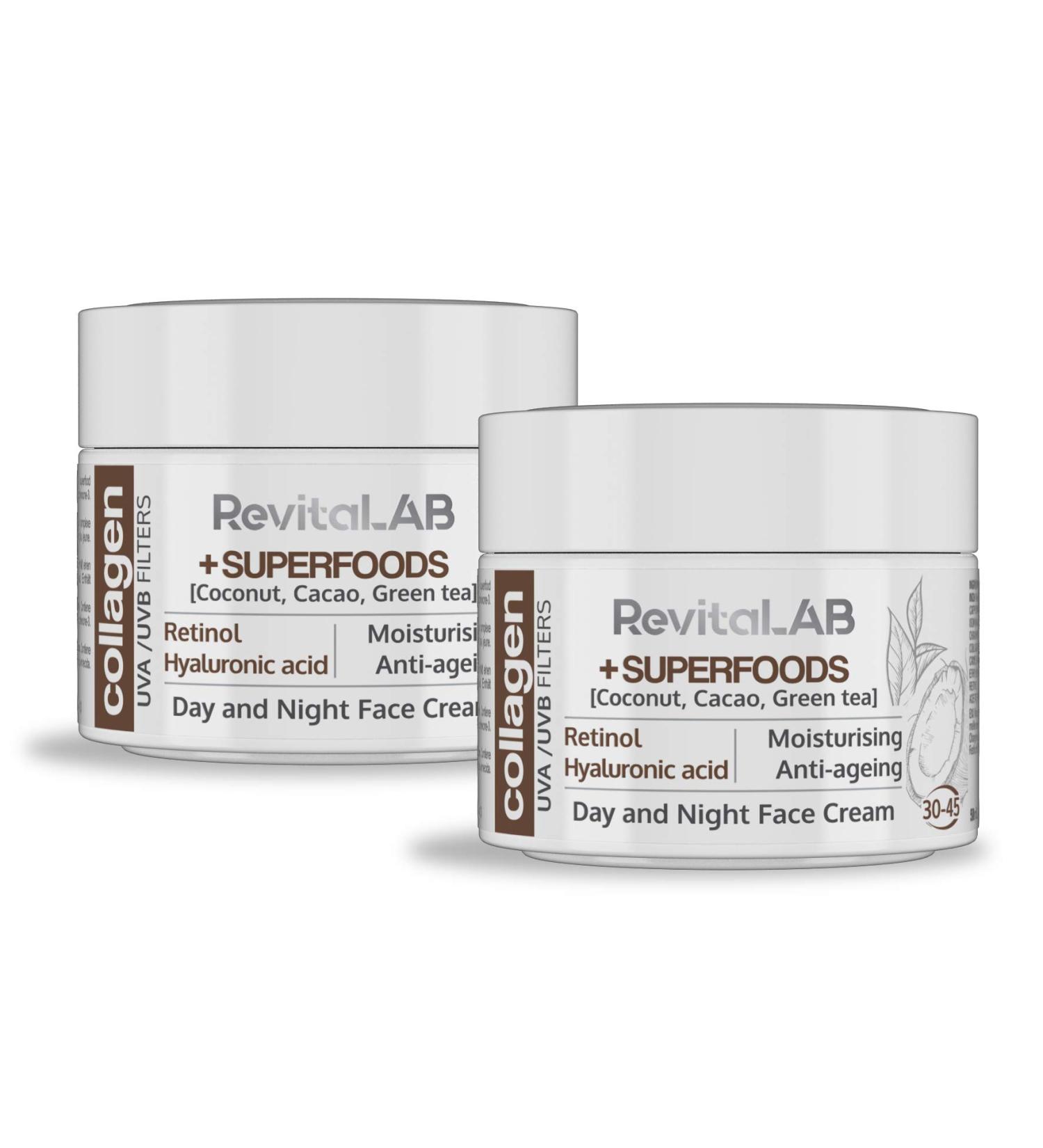RevitaLAB - Moisturizing and anti-aging collagen day and night cream enriched with hyaluronic acid superfoods and UVA/UVB filter for people aged 30 to 45 50 ml (pack) - Buy Online on GoSupps.com