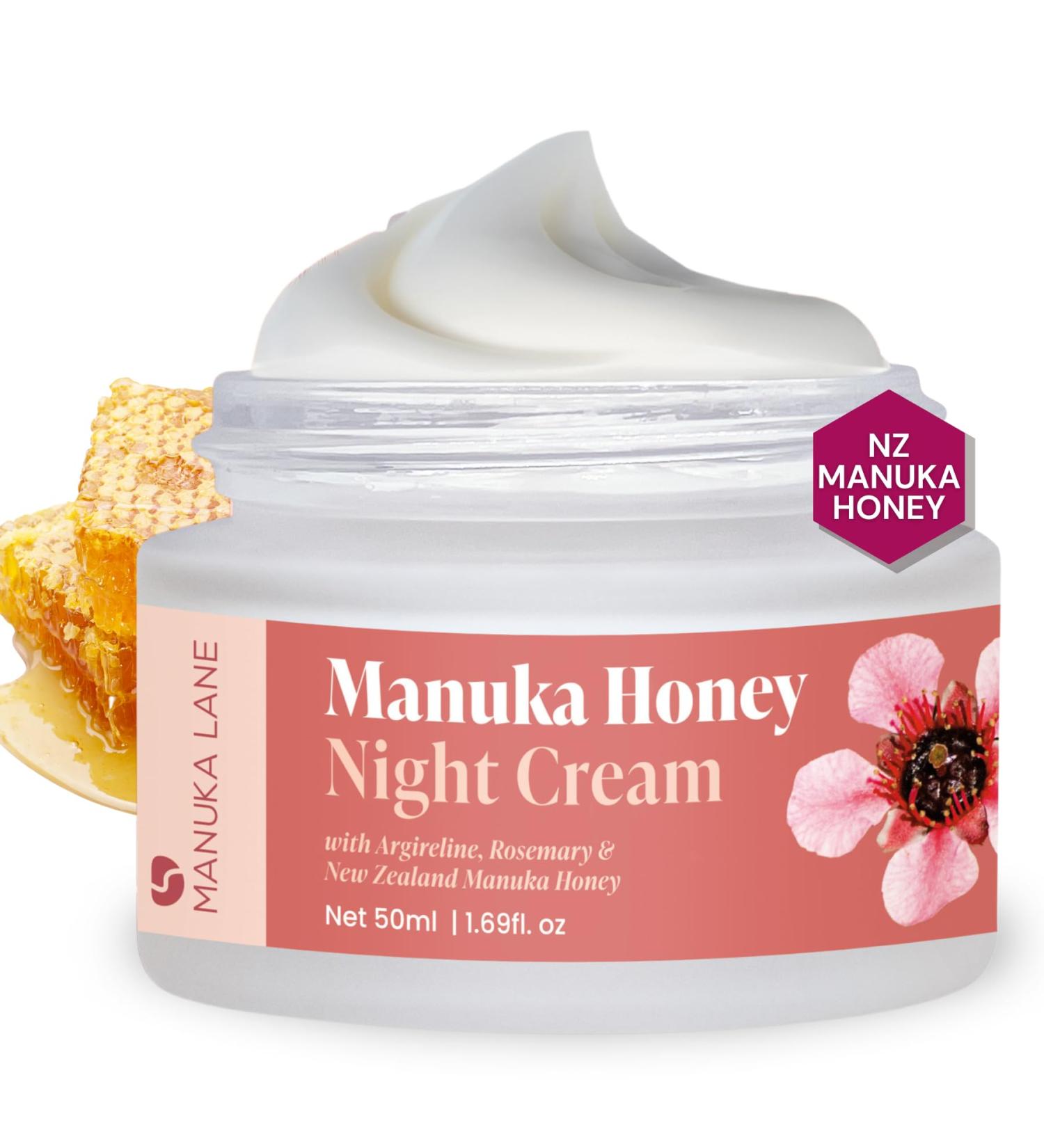 Manuka Lane Manuka Honey Night Cream for Face and Neck with Argireline Rosemary Sweet Almond Oil & Vitamin A | Plant Based Formula | Carefully formulated to keep your skin young and healthy! Manuka Honey Night Cream 1.69