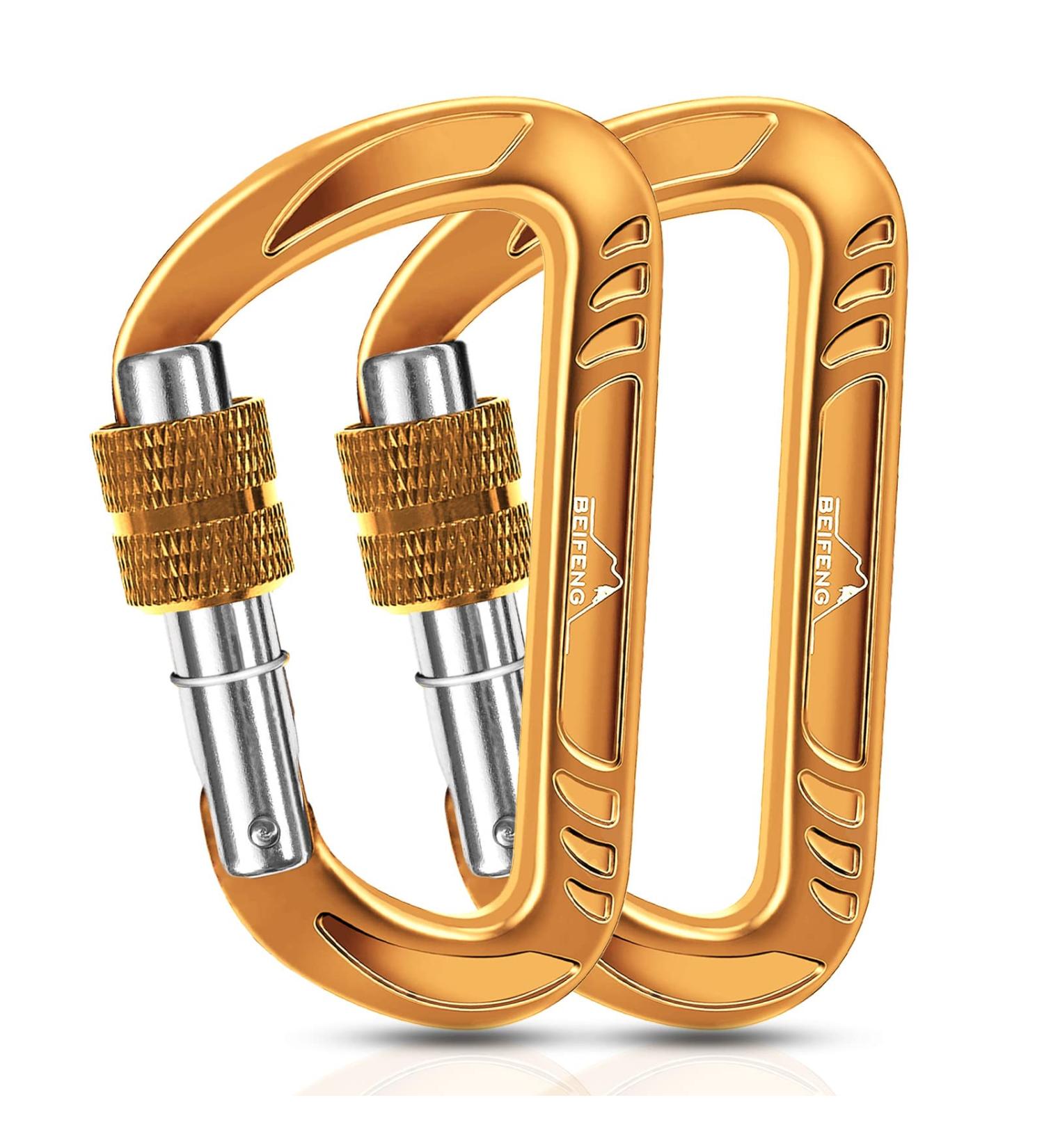 BEIFENG Heavy Duty 12KN Locking Carabiner Clips for Camping, Hiking, Outdoor Activities - Gold, 2 Pack | Small Carabiners for Dog Leash & Harness - Buy Online on GoSupps.com