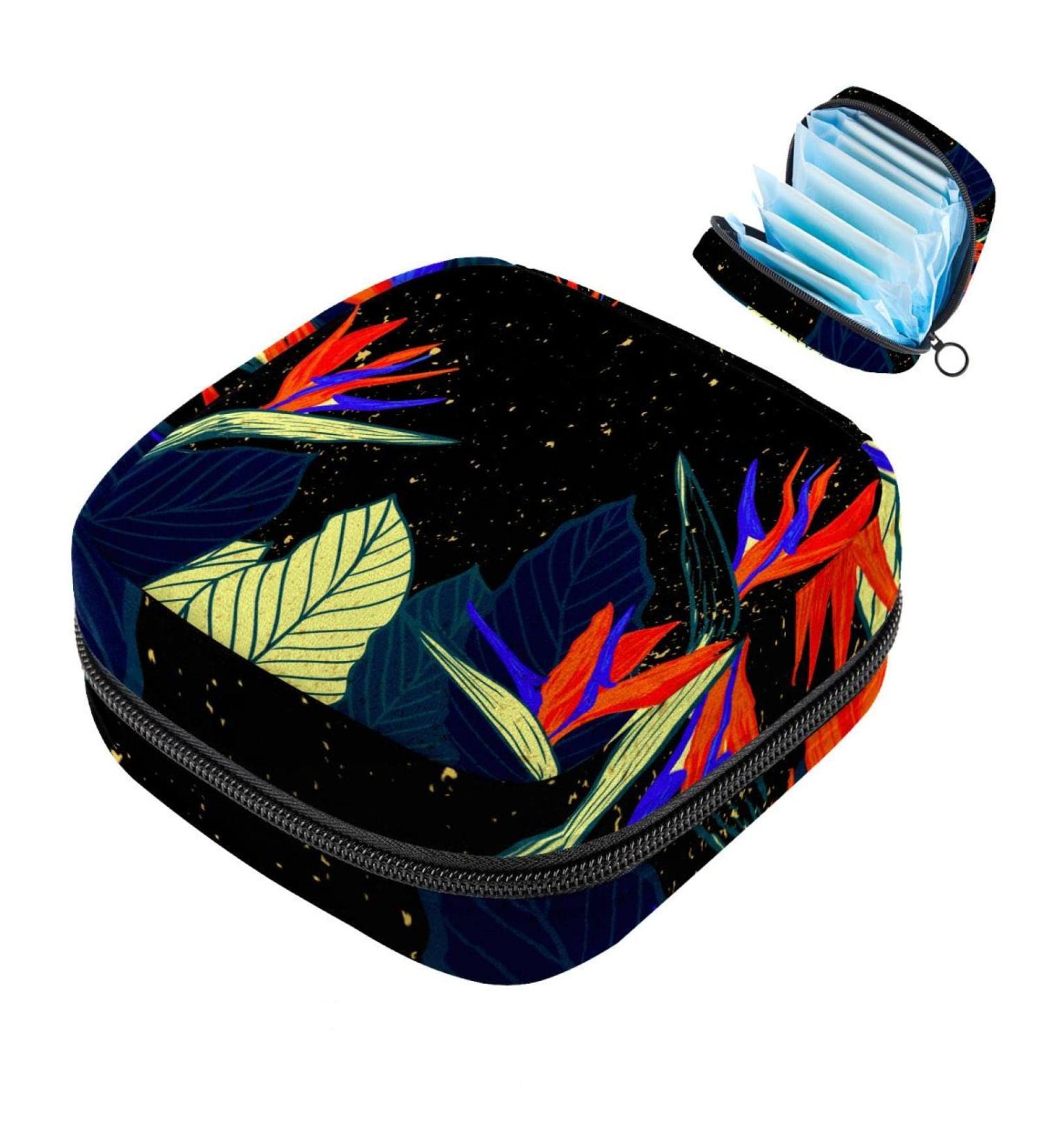 Menstruation Pad Bag with Zipper | Women's Napkin & Tampon Organizer | Black Floral & Tropical Designs - Buy Online on GoSupps.com
