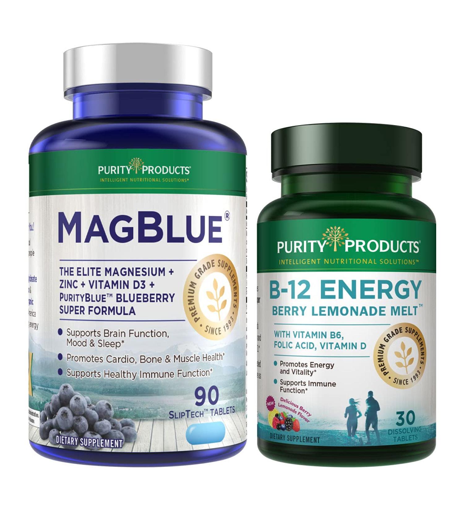 Purity MagBlue + B12 Energy Melt with Magnesium Bisglycinate, Vitamin D3, Blueberries - B12 Berry Melt with Methylcobalamin B12, B6, D3 - Buy Online on GoSupps.com