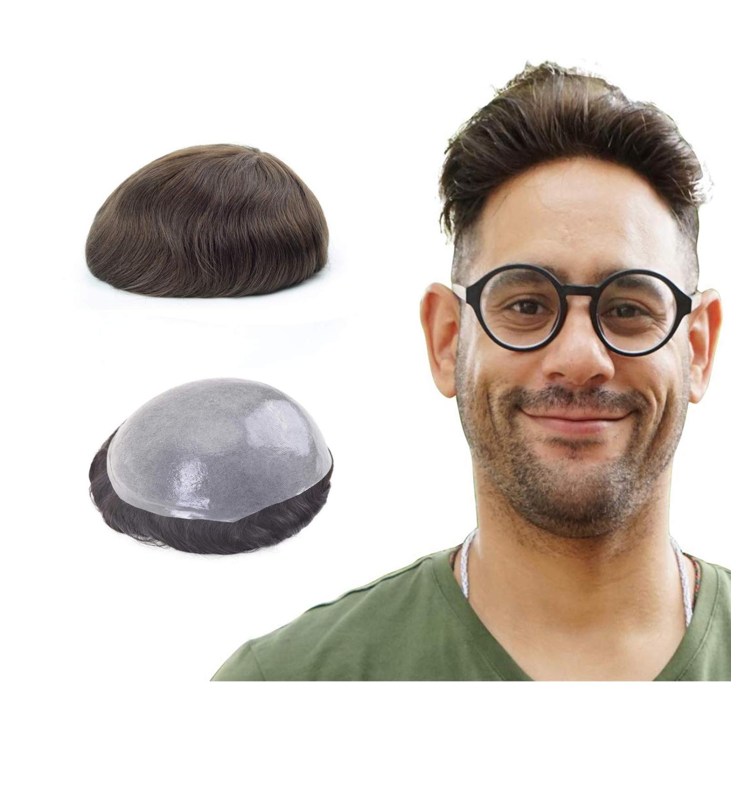 Lordhair Men's Wig - Natural Real Hair Toupet 0.08mm Front V-Looped Super Thin Skin-Based Replacement Hair System Dark Brown 20x25 cm - Buy Online on GoSupps.com