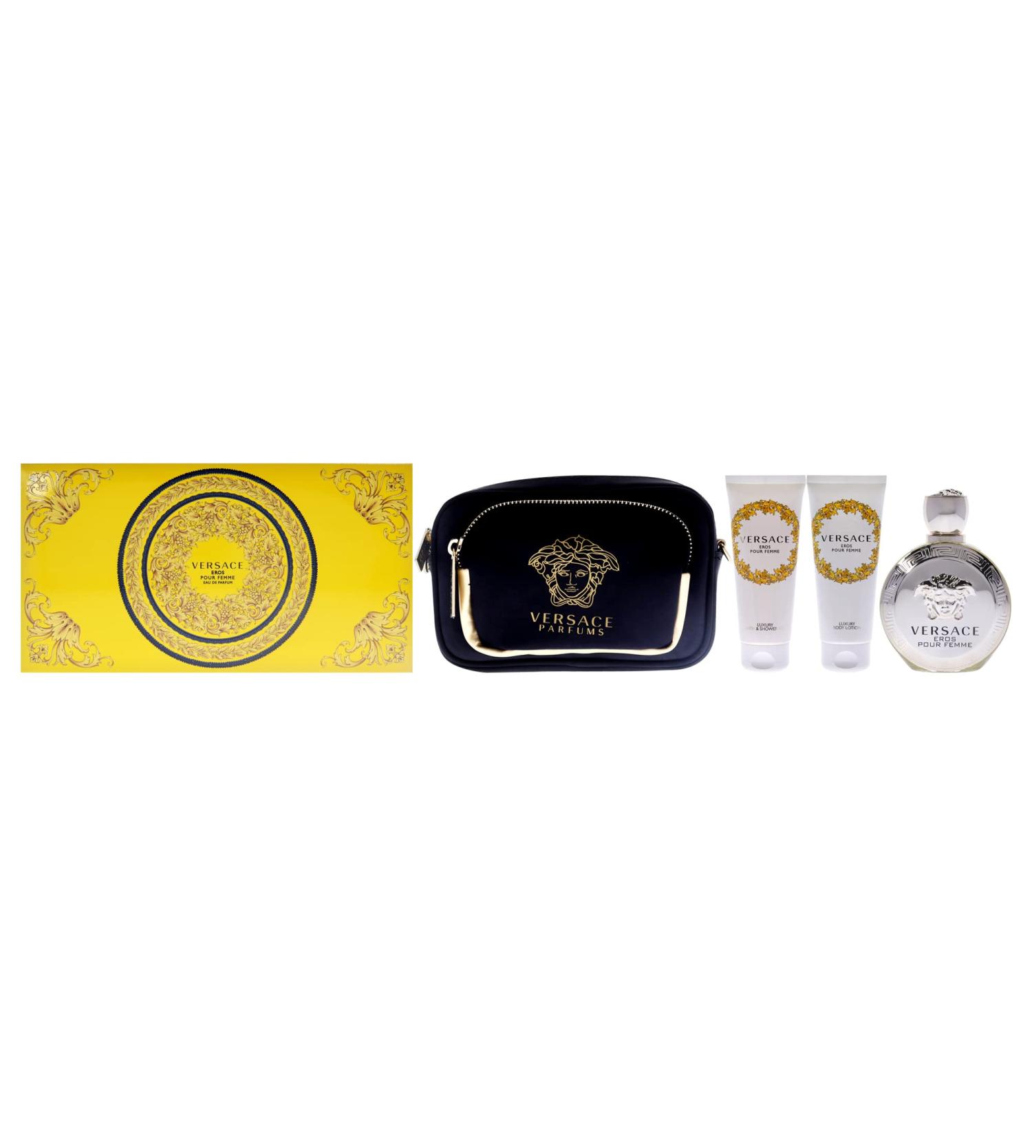 Versace Versace Eros Pour Femme 3.4oz EDP Spray 3.4oz Body Lotion 3.4oz Bath and Shower Gel Clutch Women 4 Pc Gift Set - Buy Online on GoSupps.com