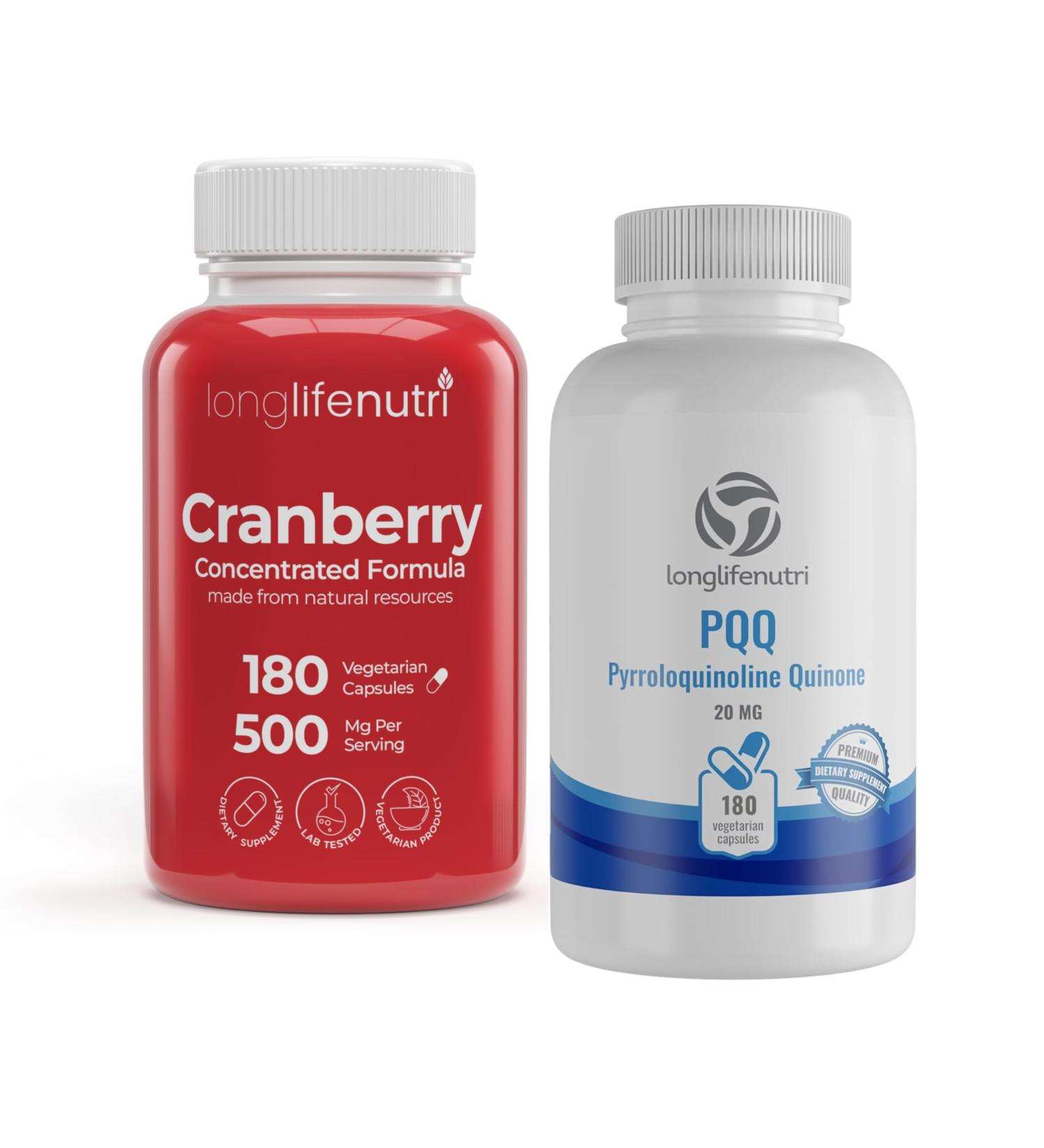 LongLifeNutri Cranberry Extract 500 mg & PQQ 20 mg Bundle 180 Veg Capsules Each 6 Month Supply Urinary Tract & Cellular Energy Support Antioxidant Formula Made in USA - Buy Online on GoSupps.com