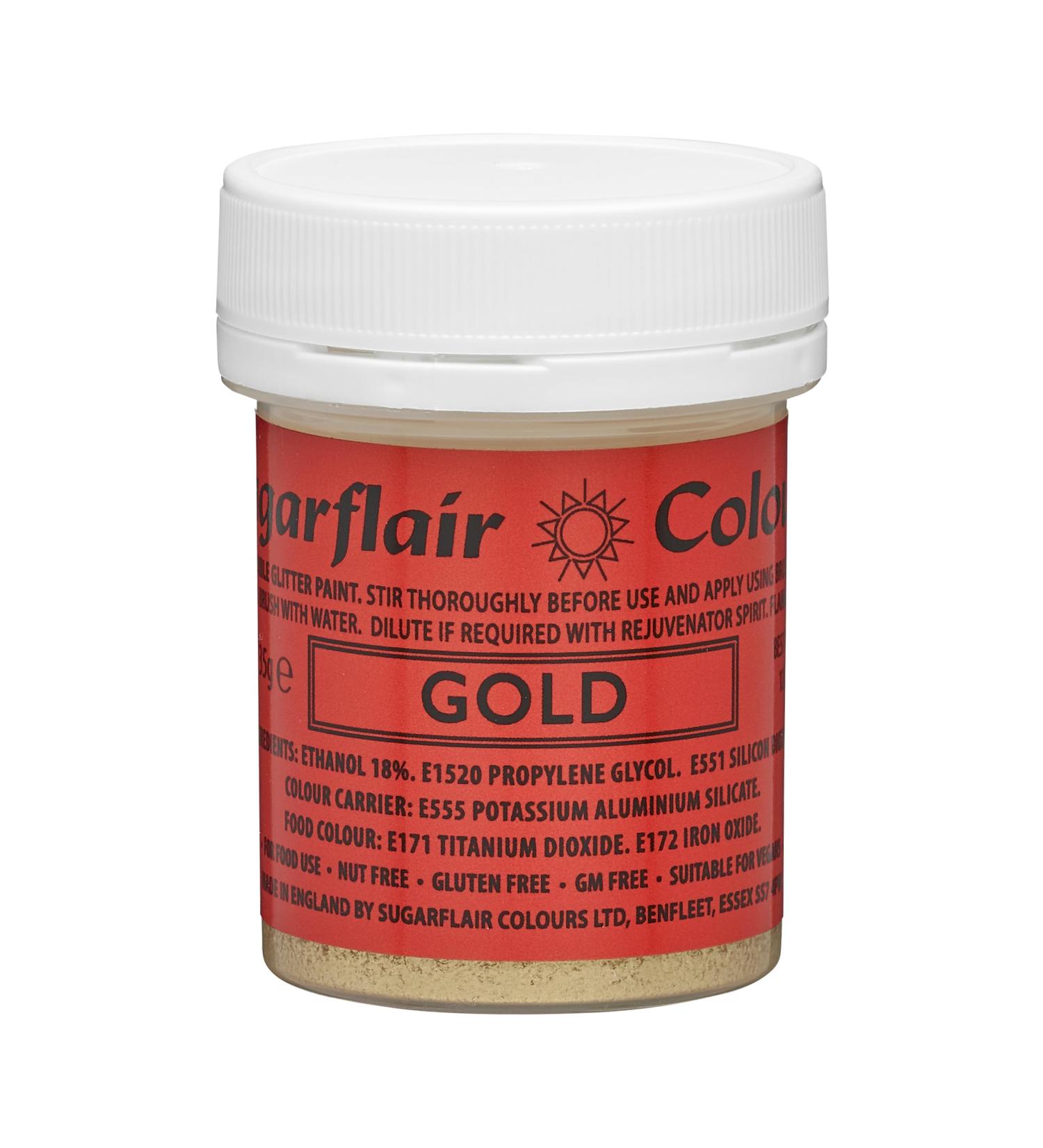 Sugarflair Gold Edible Metallic Glitter Paint Jars of Food Dye Glittering Metallic Lustre High Strength Provide Excellent Coverage On Cakes & Desserts Bright & Shimmering Colours - 35g