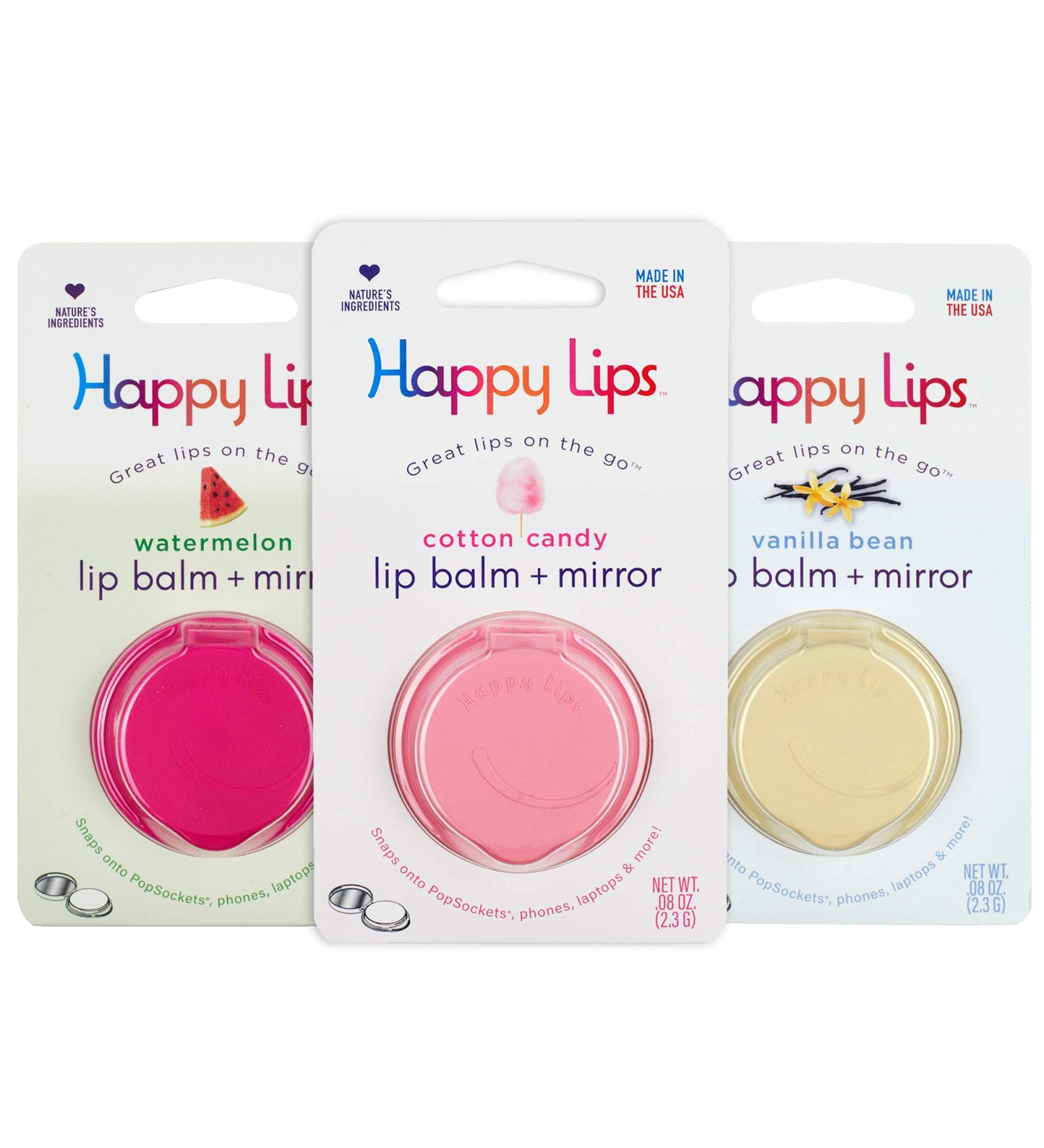 Happy Lips Lip Balm Variety Pack - Watermelon, Vanilla Bean, Cotton Candy | Pop on Your Phone's Collapsible Socket Grip or Adapter for Tablet, Laptop, Desk - 3 Pack - Buy Online on GoSupps.com