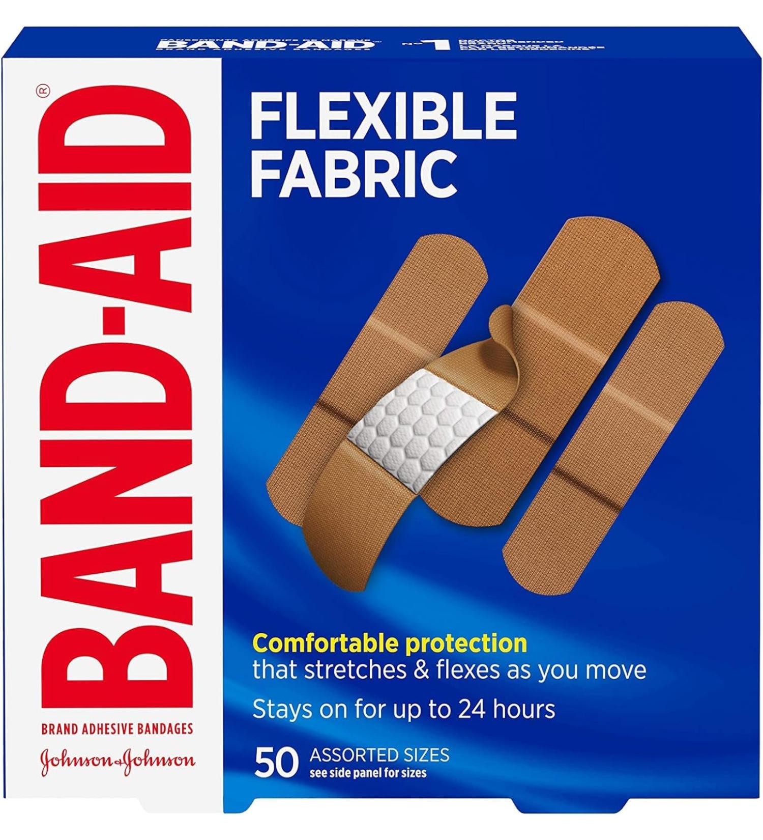 BAND-AIDBrand Flexible Fabric Adhesive Bandages for Minor Wound Care Assorted Sizes Family Pack Cover and Protect Minor Wounds Memory Weave Fabric Gentle Removal 50 Count 50 Count (Pack of 1) Assorted Sizes - Buy Online on GoSupps.com