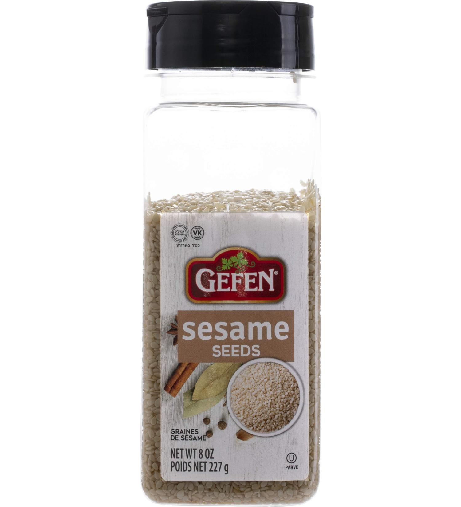 Gefen Whole Hulled White Sesame Seeds, 8oz Shaker Canister, Double Spout For Pouring & Sprinkling
