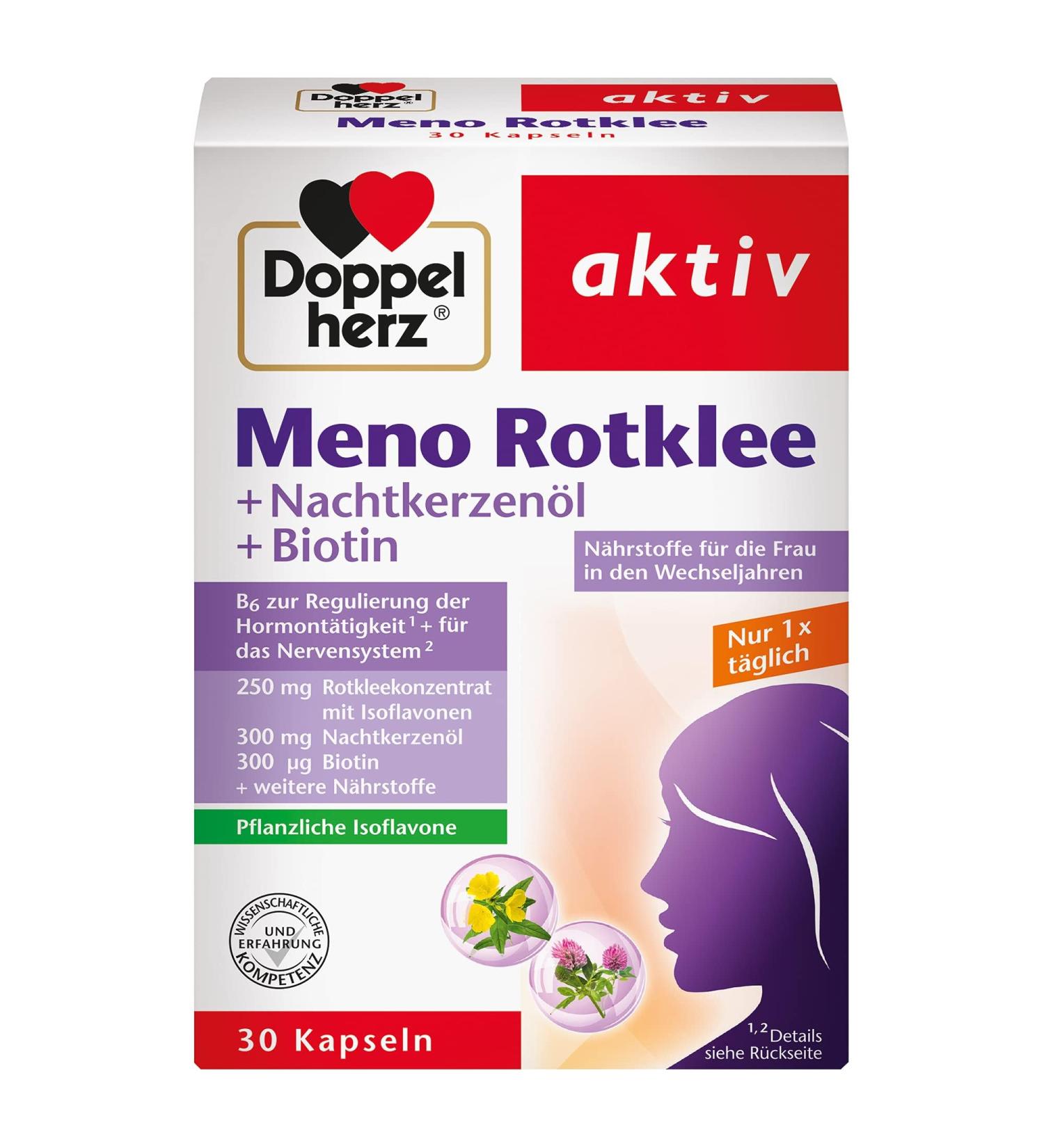Double Heart Meno Rotklee & Nighting Cross Oil with Biotin - Women's Menopause Nutrients - 30 Vegetable Isoflavon Capsules - Buy Online on GoSupps.com