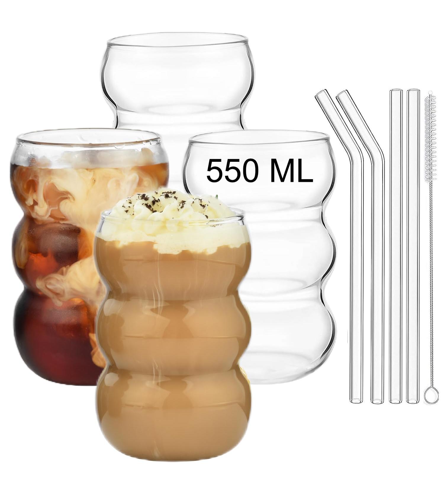Alink Bubble Glass Set - 4 Ribbed 550ml Drinking Glasses for Latte Macchiato Iced Coffee & Cocktails | Elegant Wave Design - Buy Online on GoSupps.com