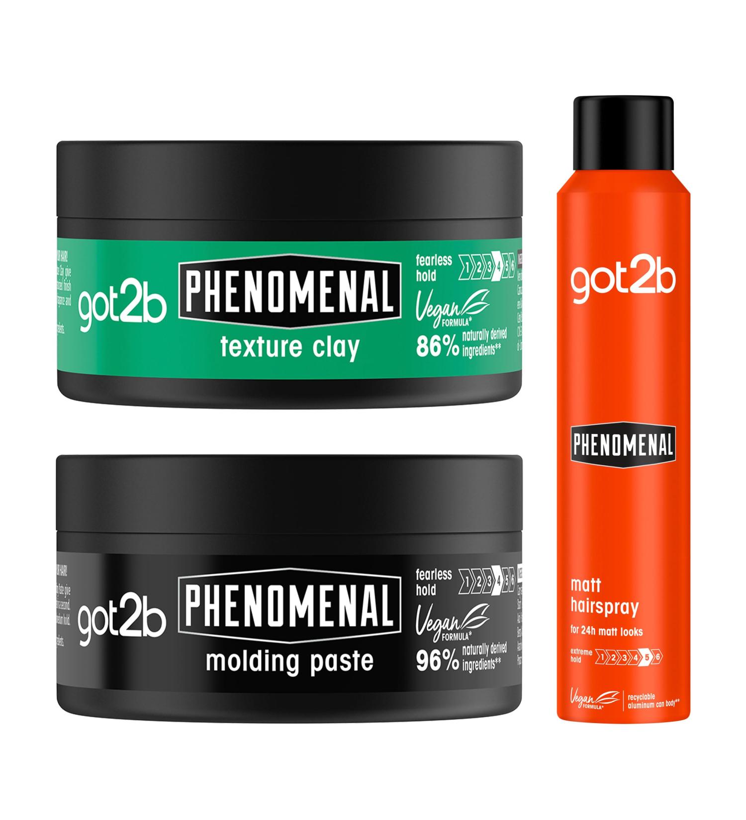 got2b PhenoMENal Natural Finish Strong Hold Hair Styling Bundle. Includes: Finishing Hairspray 200 ml + Texture Hair Styling Clay 100ml + Moulding Hair Paste 100ml Hairspray + Clay + Paste