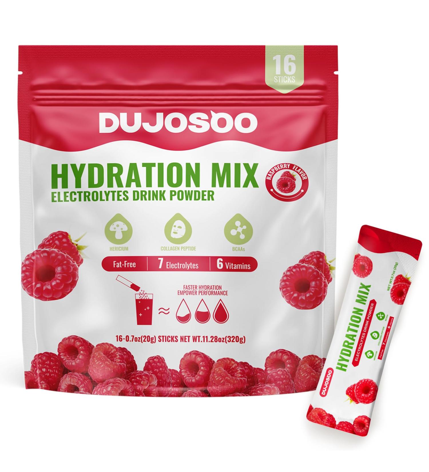 Dujosoo Electrolyte Drink Powder Sugar Free Raspberry Flavor 7 Electrolytes & 6 Vitamins with Lion's Mane Collagen BCAA Keto Friendly Vegan Non-GMO 11.28oz(16 Sticks) - Buy Online on GoSupps.com