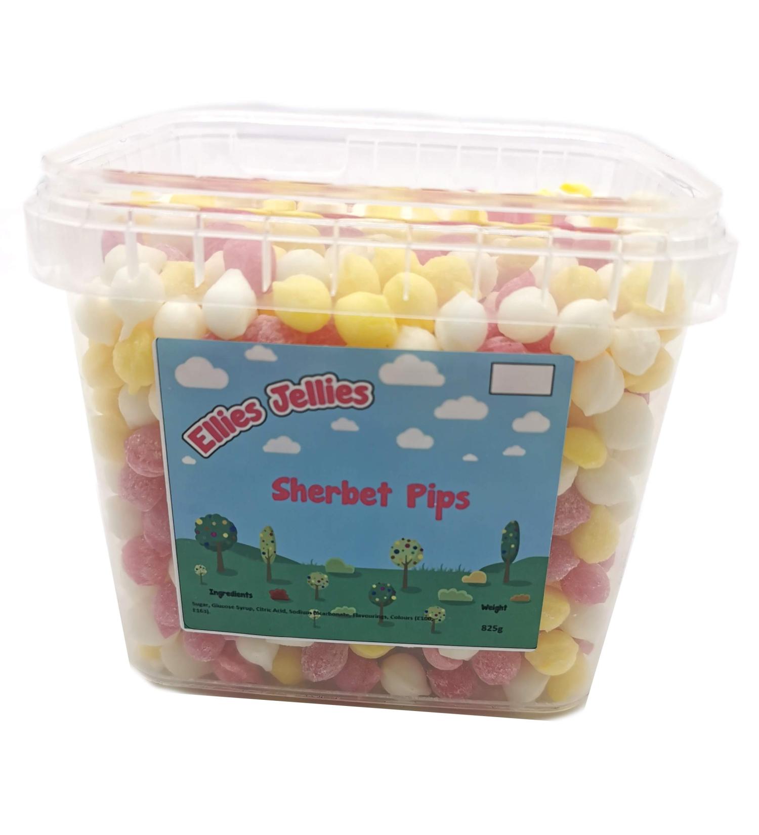 Ellies Jellies Sherbet Pips- 825g Square Tub- Classic Traditional Sweet- Pink White and Yellow Pips- Super Fizzy