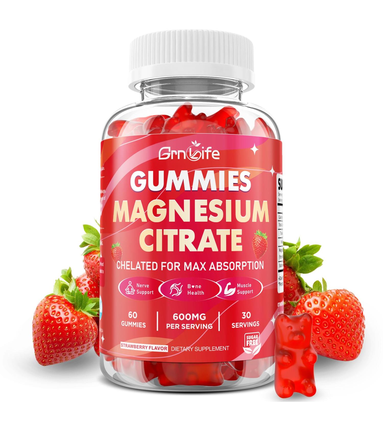 Magnesium Citrate Gummies 600mg for Women Men High Absorption Magnesium Supplement Gummies for Calm Relaxation Muscle Health Vegan Strawberry Flavor 60 Count 60 Count (Pack of 1) - Buy Online on GoSupps.com
