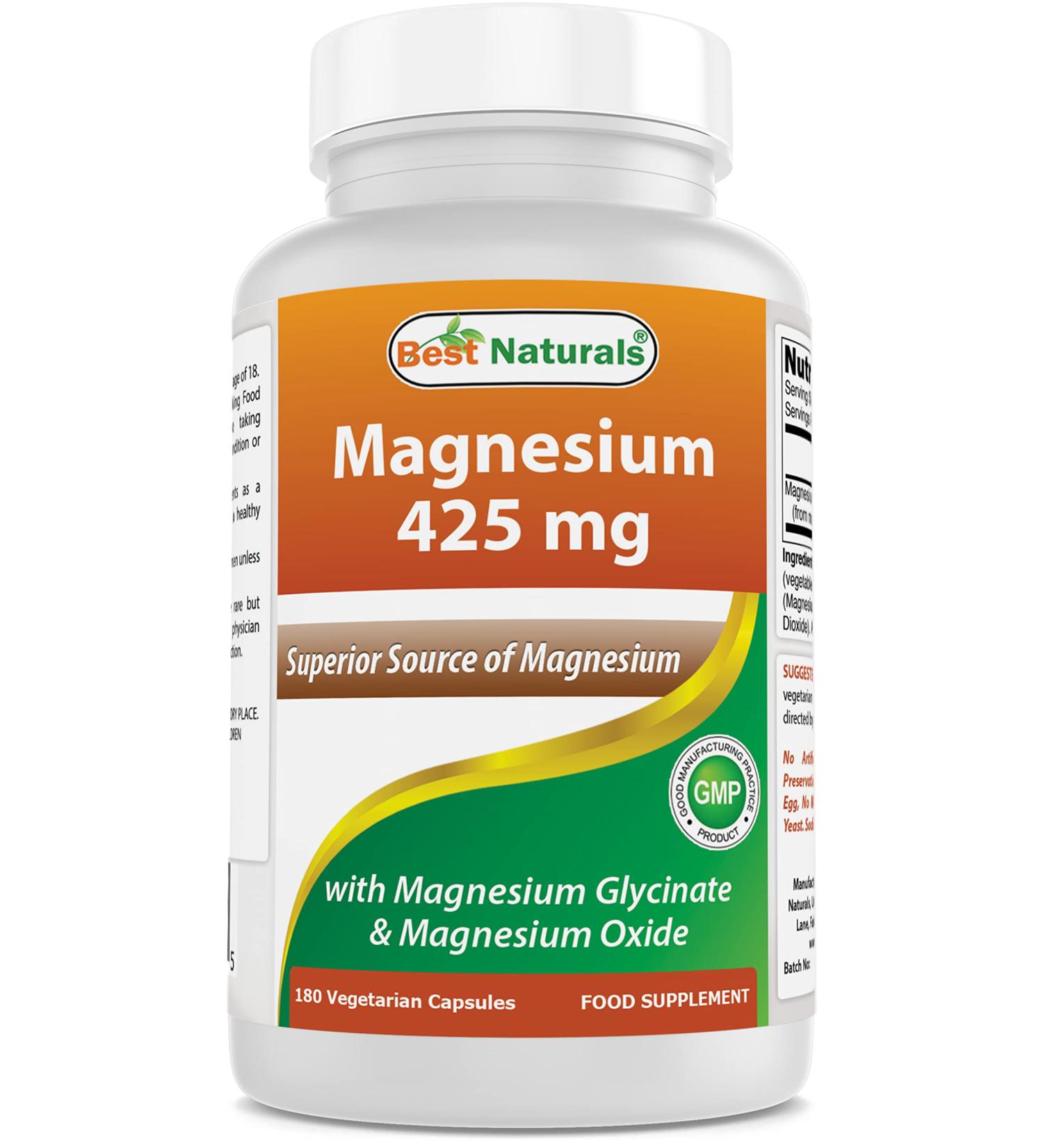 Best Naturals Magnesium 425 mg 180 Veggie Capsules - High Absorption Magnesium Glycinate & Magnesium Oxide Chelated Non-GMO Gluten Free Muscle Relax (180 Count (Pack of 1))