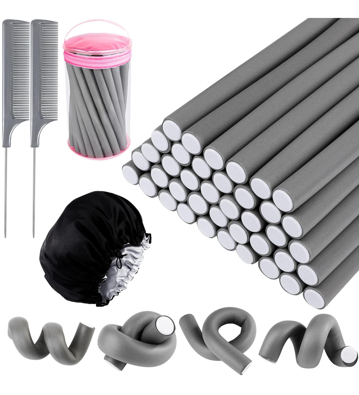 Elcoho 40-Piece Flexible Curling Rods Set for Short, Medium, and Long Hair - No Heat Hair Rollers with 2 Comb, Satin Bonnet, and Cosmetic Bag - 9.45 x 0.71 Inch Gray - Buy Online on GoSupps.com