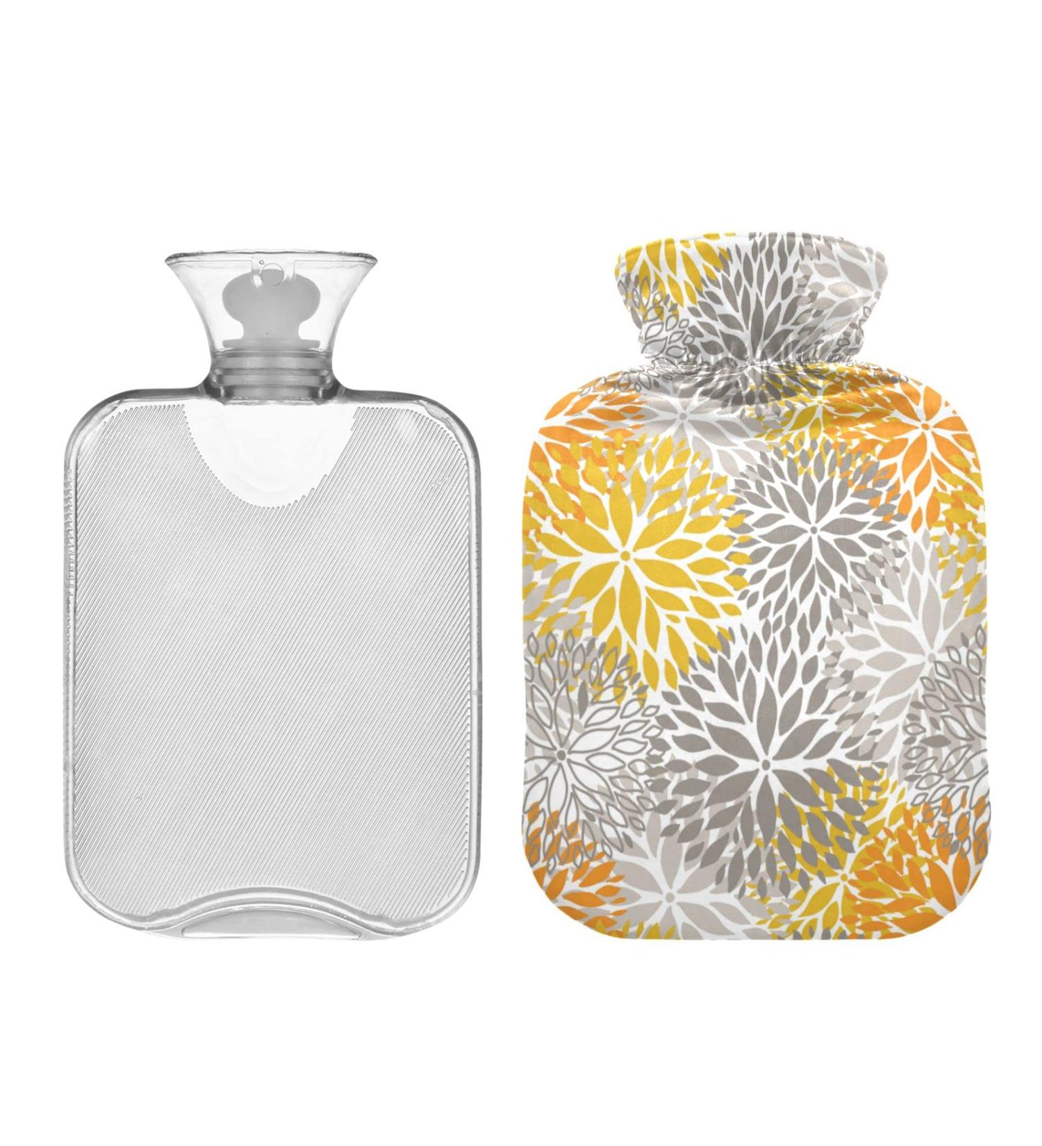 Hot Water Bottle 2L with Lid - Orange & Gray Chrysanthemum Design for Pain Relief | Winter Hand & Feet Warmer - Buy Online on GoSupps.com