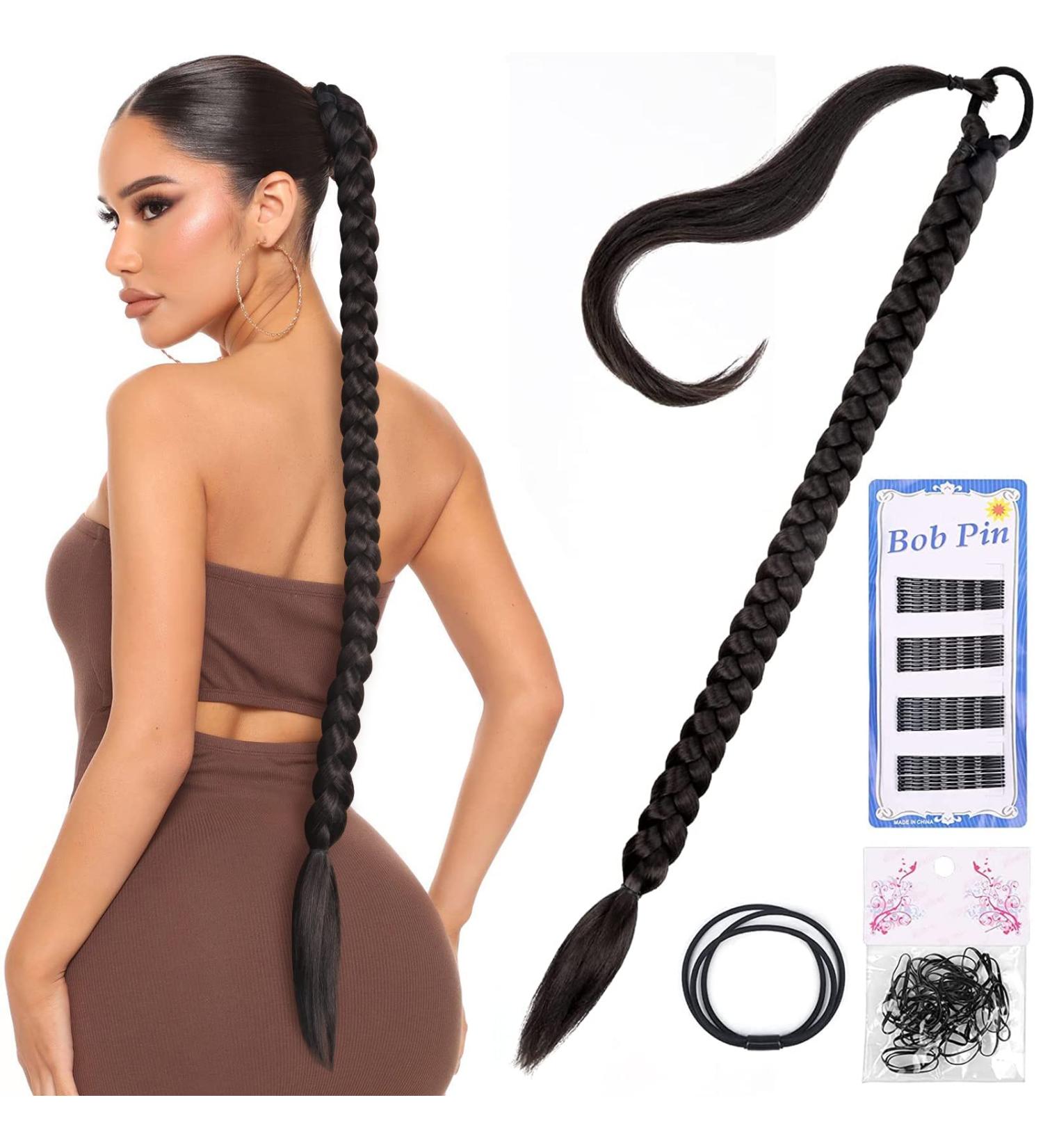 Ponytail Extension Braided Ponytail with Hair Scrunchie Hair Clips Natural Synthetic Hair Braids Hair Extensions for Braiding Long Ponytail Extension Real Hair Black Brown Hairpiece for Women - Buy Online on GoSupps.com