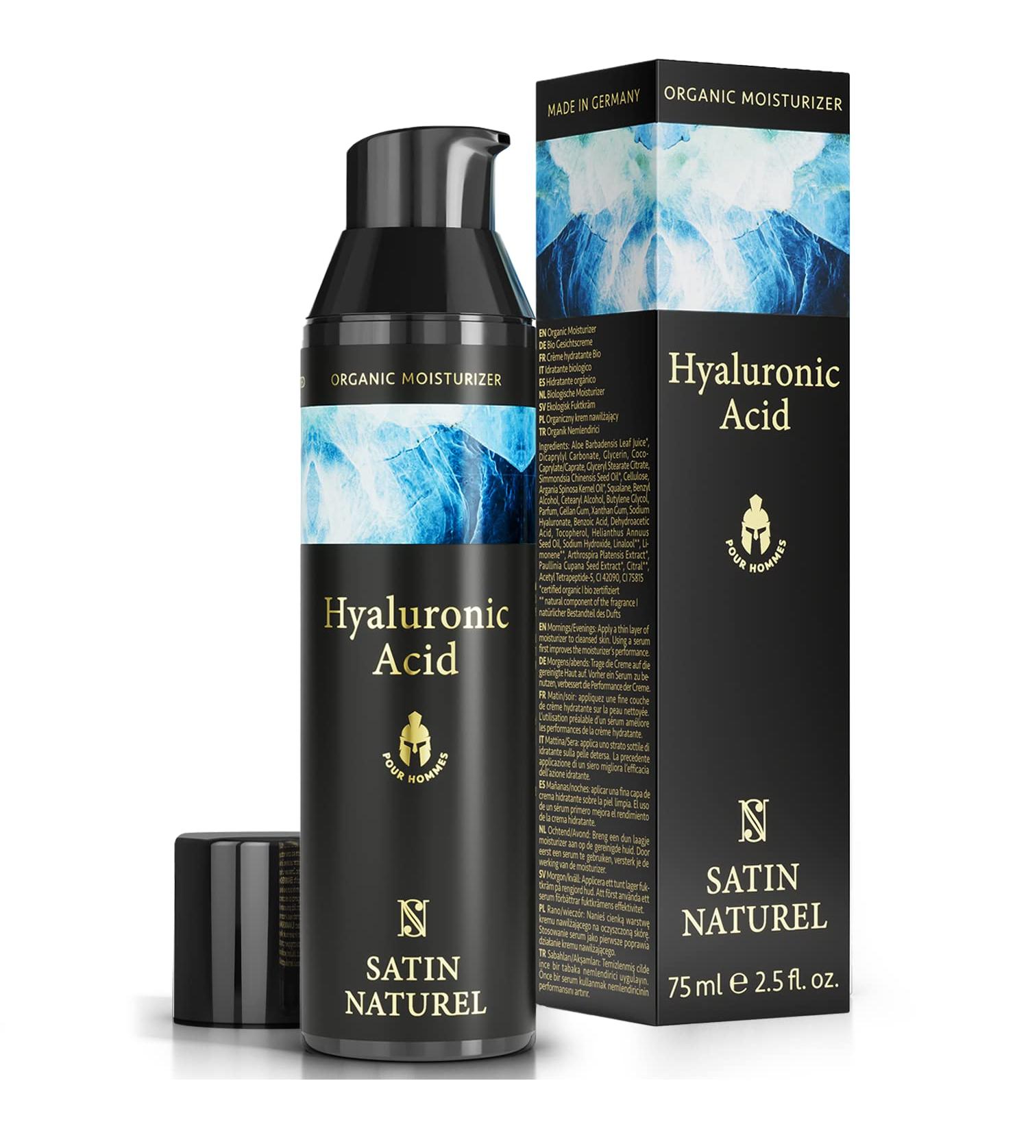 Organic Hyaluronic Acid Face Moisturizer for Men 75ml - Anti Aging & Targeted Skincare with Aloe Vera - Day & Night Cream by Satin Naturel - Buy Online on GoSupps.com