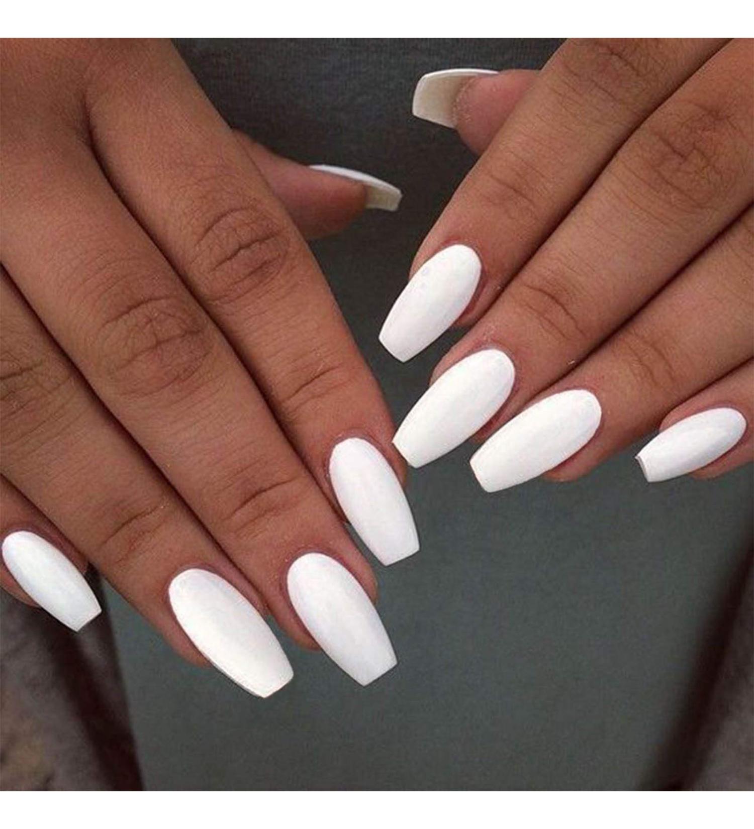 Twinklede White Matte Coffin Press on Nails - 24 PCS Full Cover Acrylic False Nails for Women and Girls - Buy Online on GoSupps.com
