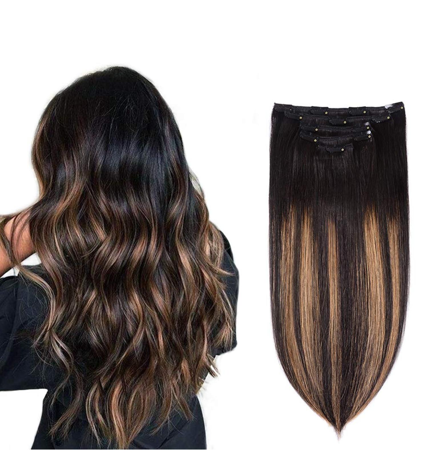 14 Remy Clip in Hair Extensions Natural Black to Chestnut Brown Highlight Ombre - Silky Straight Human Hair (5PCS, 70g) - 14 Inch Length - Buy Online on GoSupps.com