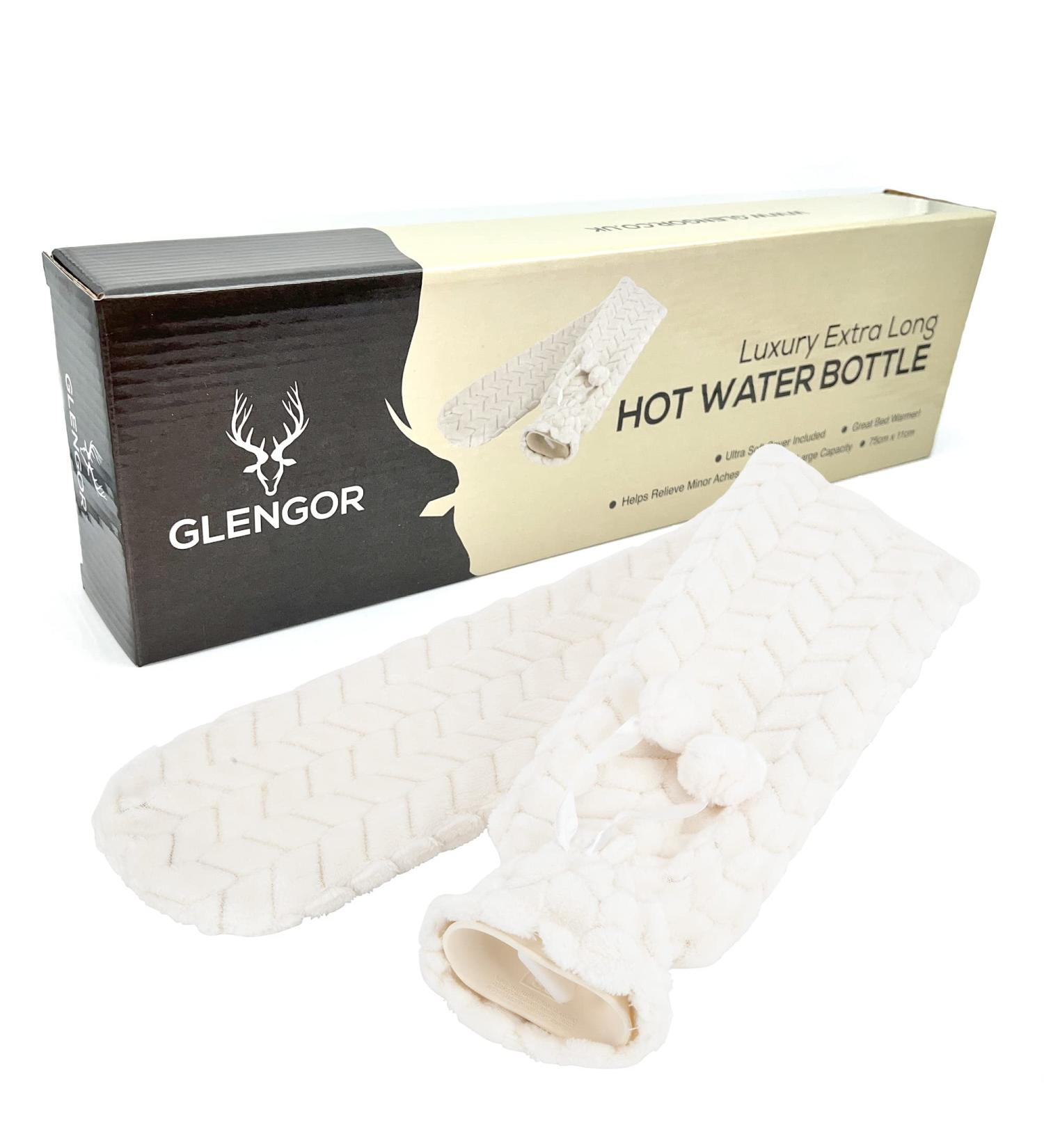Glengor Luxury Extra Long Hot Water Bottle 75cm - 2L Natural Rubber with Ultra-Soft Cover in Cream - Buy Online on GoSupps.com