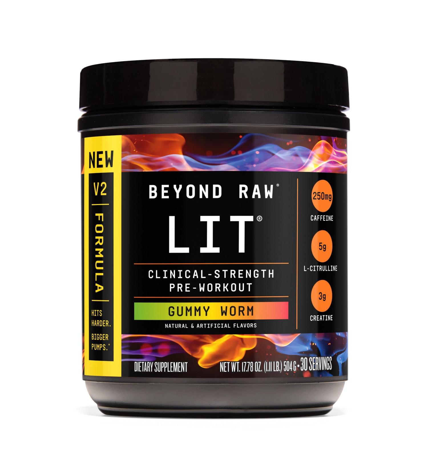 BEYOND RAW LIT V2 Clinical Strength Pre Workout Powder Hits Harder Bigger Pumps Caffeine L-Citrulline Creatine Gummy Worm 30 Servings Gummy Worm 30 Servings - V2 - Buy Online on GoSupps.com