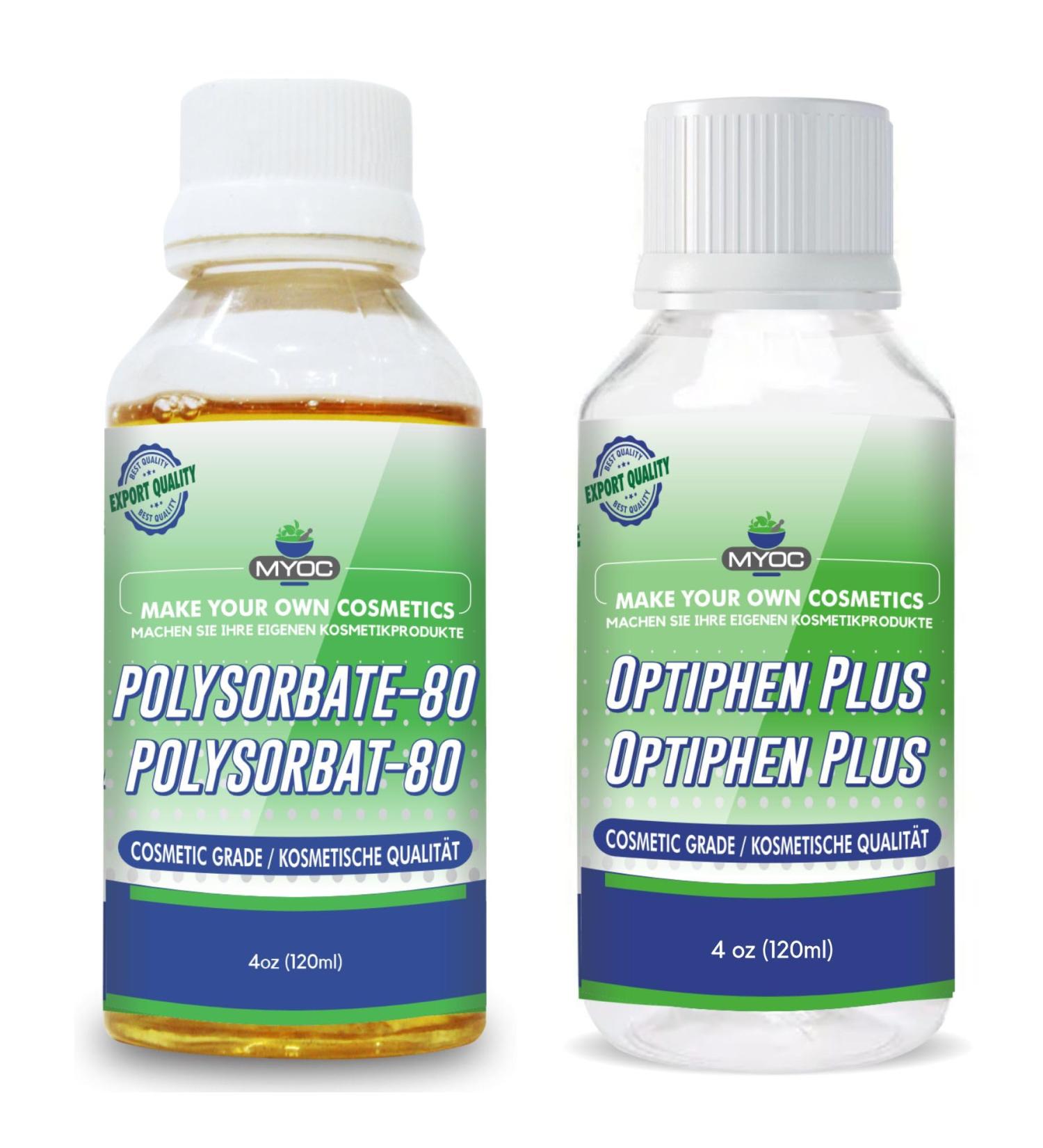 Myoc Combo Pack polysorbate 80120 ml & Optiphen Plus 120 ml stable & preserved cosmetic emulsifier