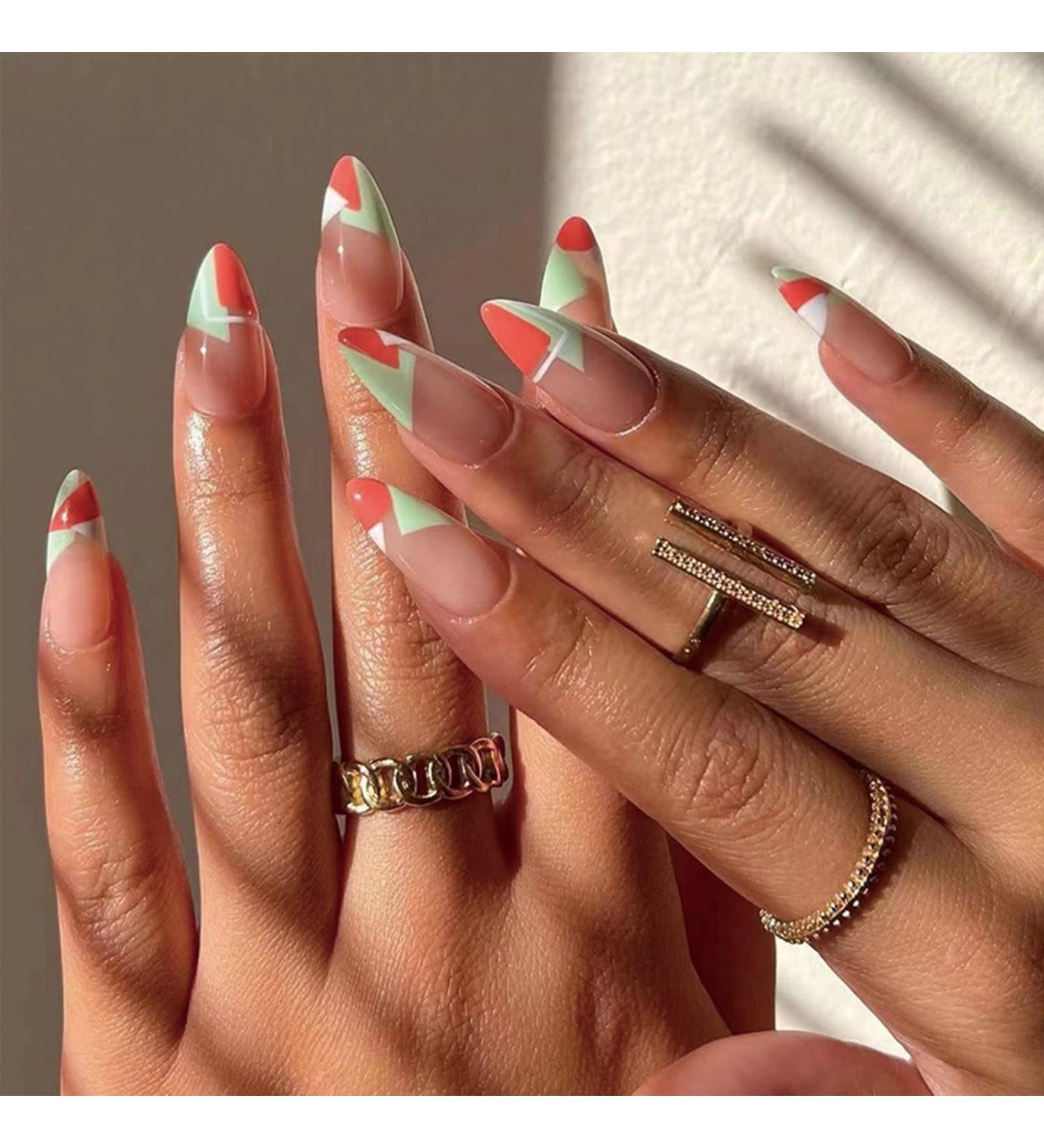 Justotry 24-Piece Lime Green French Almond Press-On Nails - Short Nude Oval Acrylic Fingernails for Women - Buy Online on GoSupps.com