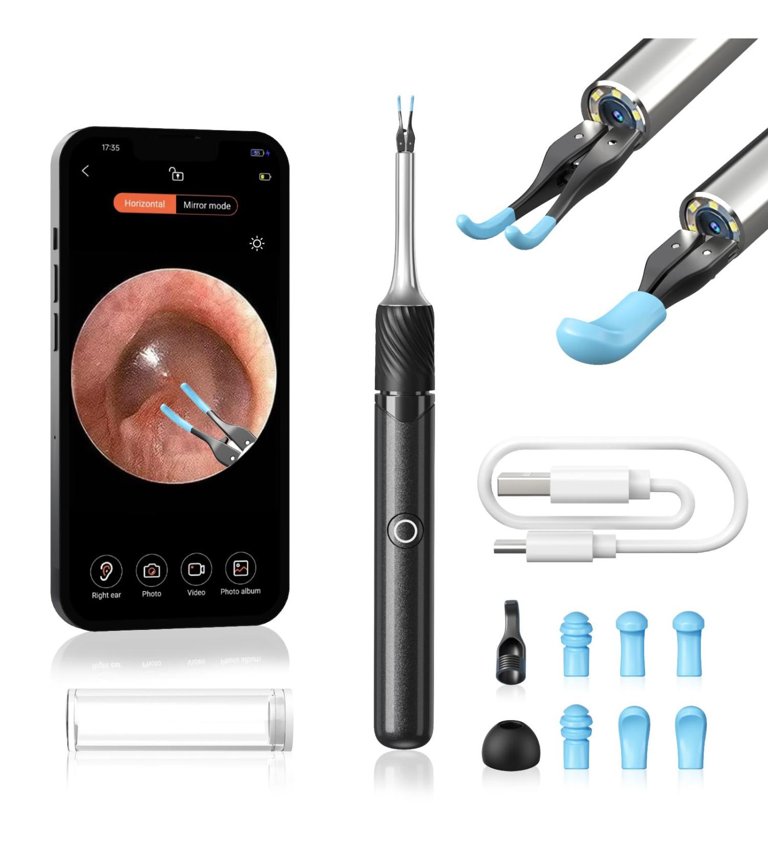 Qimic Ear Wax Removal with Tweezers - 1080P HD Ear Cleaner Ear Camera Otoscope Omni-Direction Ear Pick Tweezer Real-Time Remote Video Multi Earwax Cleaning Replacement Kits Black - Buy Online on GoSupps.com