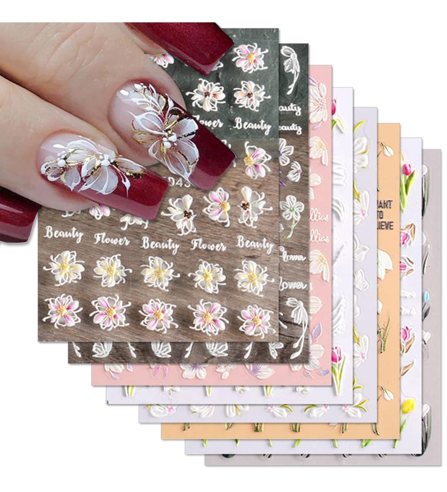 5D Flower Nail Art Stickers - 8 Sheets Exquisite Color Flowers Self-Adhesive Decals for Acrylic Nails - Elegant DIY Nail Art Design for Women - Buy Online on GoSupps.com