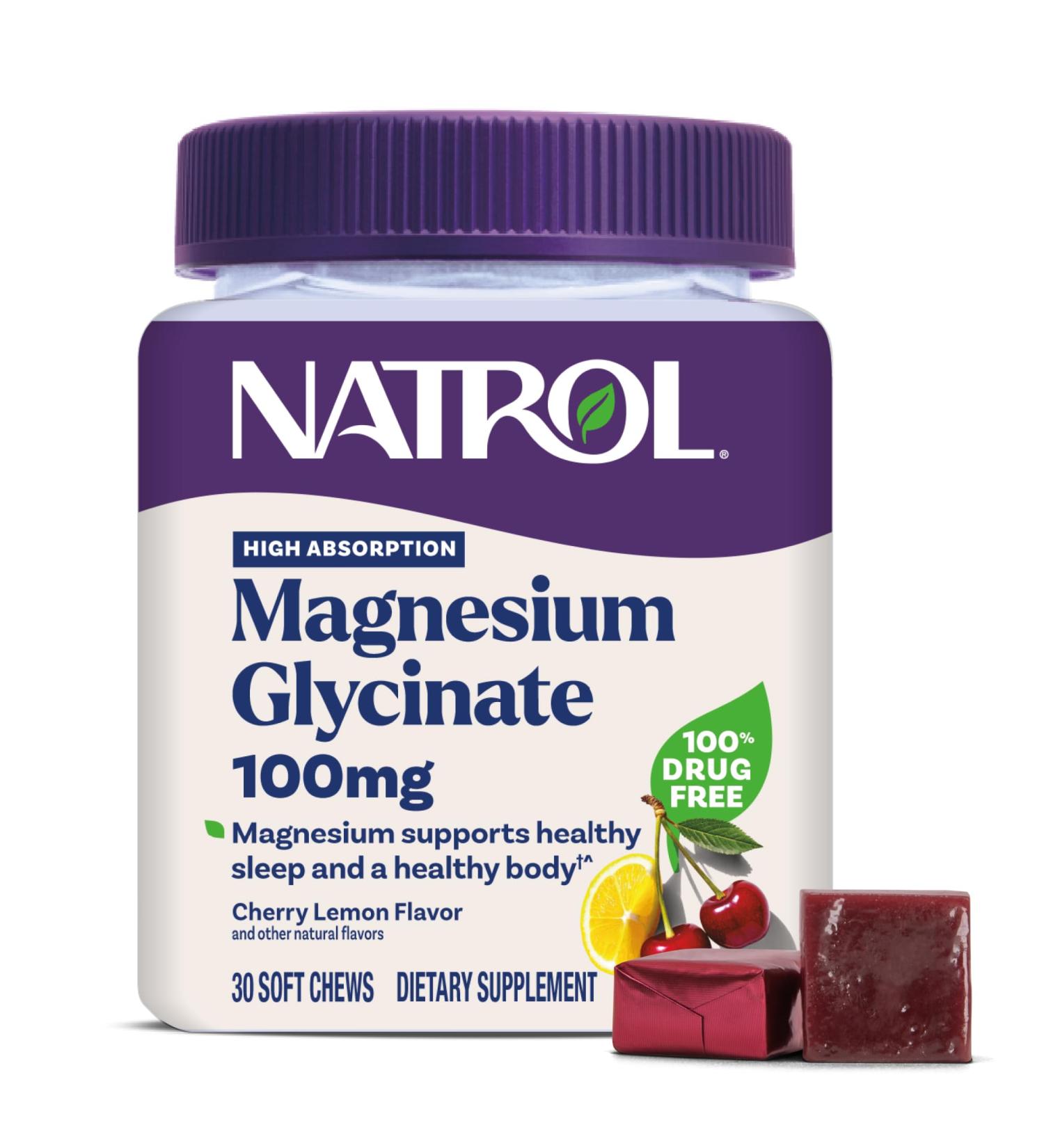 Natrol Magnesium Glycinate Supplements 100mg Cherry Lemon Soft Chews for Healthy Sleep and Body Magnesium Glycinate 100mg Up to a 30 Day Supply Cherry 30 Count (Pack of 1) - Buy Online on GoSupps.com