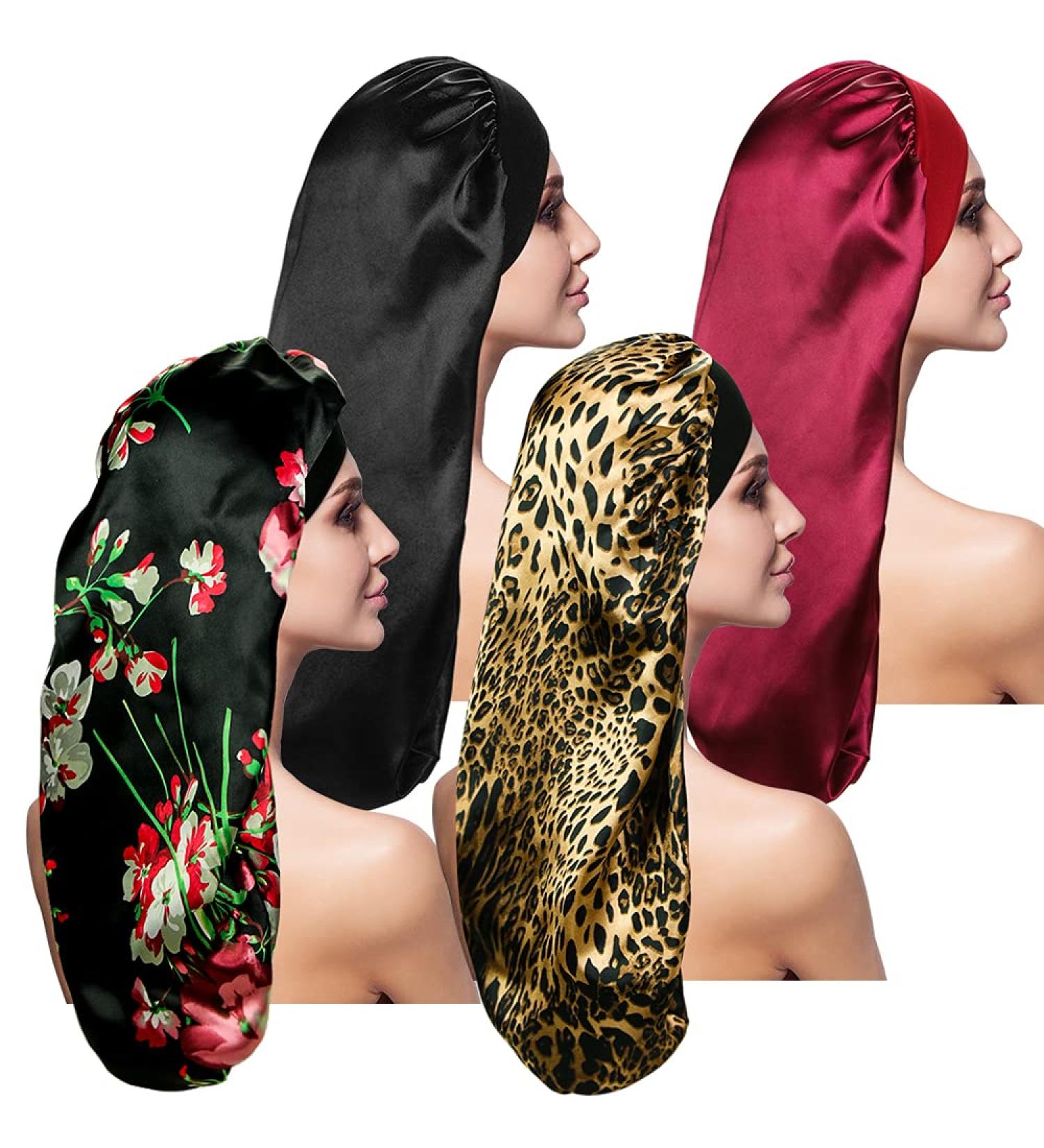 4 PCS Satin Sleep Caps for Long Hair - Extra Large Solid & Floral Bonnets for Women - Buy Online on GoSupps.com