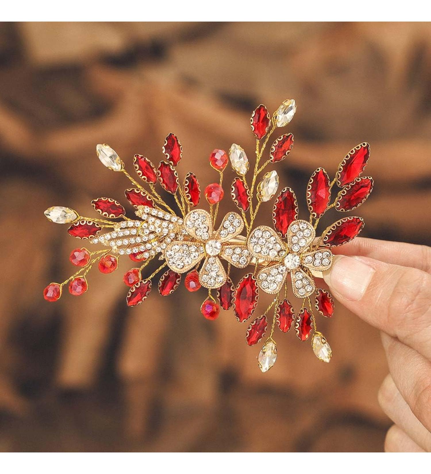 IYOU Crstal Wedding Hair Clip Flower Red Barrette Headpiece Rhinestone Hair Combs Prom Bridal Hair Accessories for Women - Buy Online on GoSupps.com