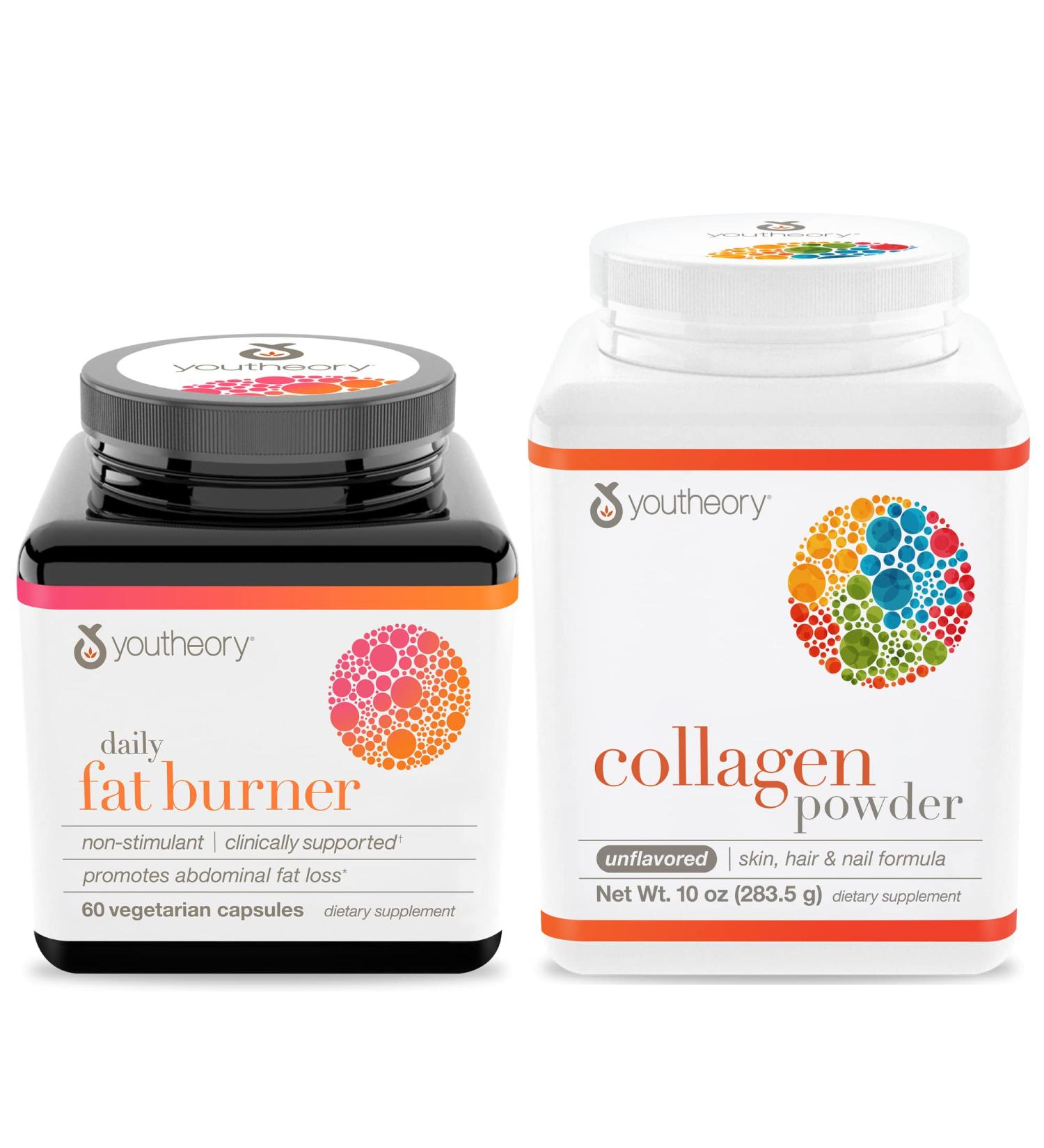 Youttheory Daily Fat Burner Vegetarian Capsules - Healthy Weight Management - 60 ct + Collagen Powder Unflavored - 10 oz Bottle - Buy Online on GoSupps.com
