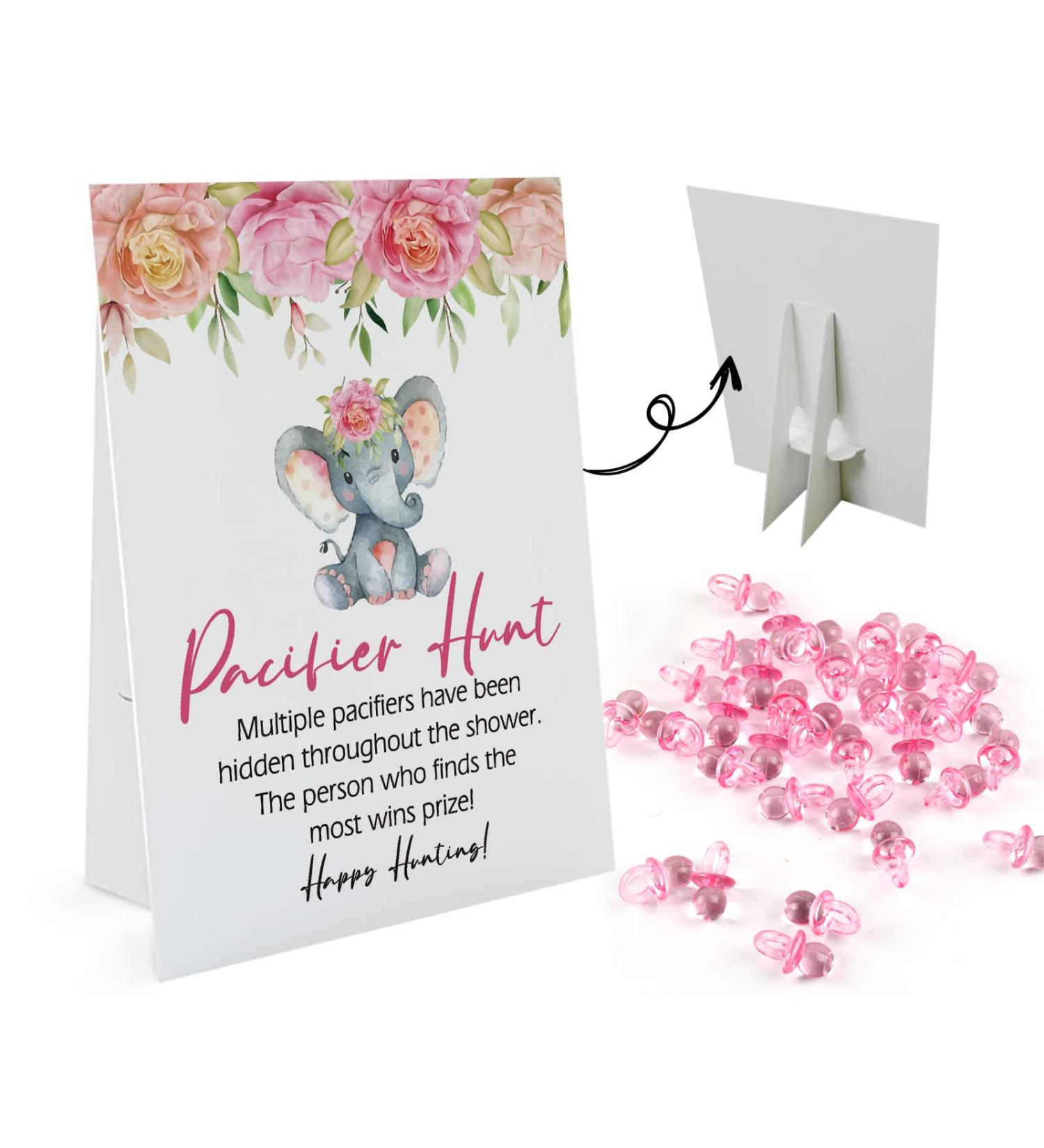 Hunt Baby Pacifier Baby Shower Game Set - Flower Elephant Theme | Gender Reveal Game Kit with 50 Mini Acrylic Pacifiers | Fun Activities for Adults and Kids | Baby Shower Games for Girls - Buy Online on GoSupps.com