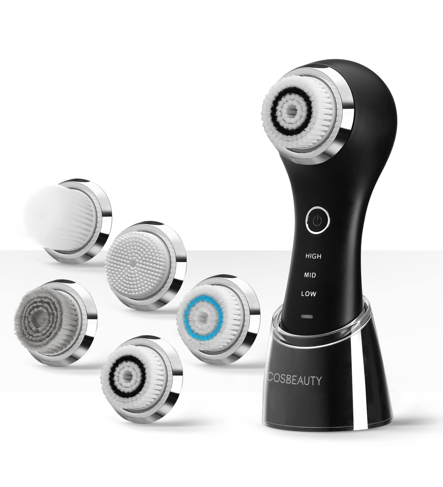 COSBEAUTY Sonic Facial Cleansing Brush - 5 Brush Heads, IPX7 Waterproof, Rechargeable - Black - Buy Online on GoSupps.com