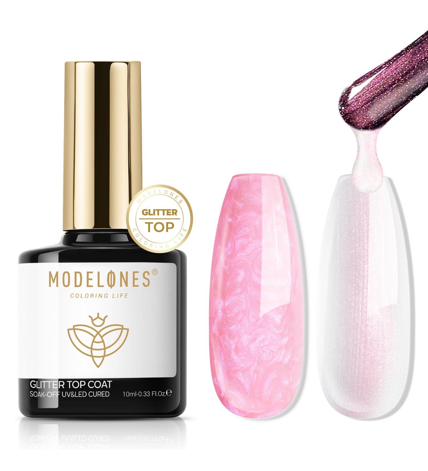 Modelones Glitter Gel Top Coat - 2-in-1 Pearl Gel Nail Polish Long Lasting Soak Off Mermaid Shimmer 10 ML Glossy Glitter Finish for Nail Art & DIY - Buy Online on GoSupps.com