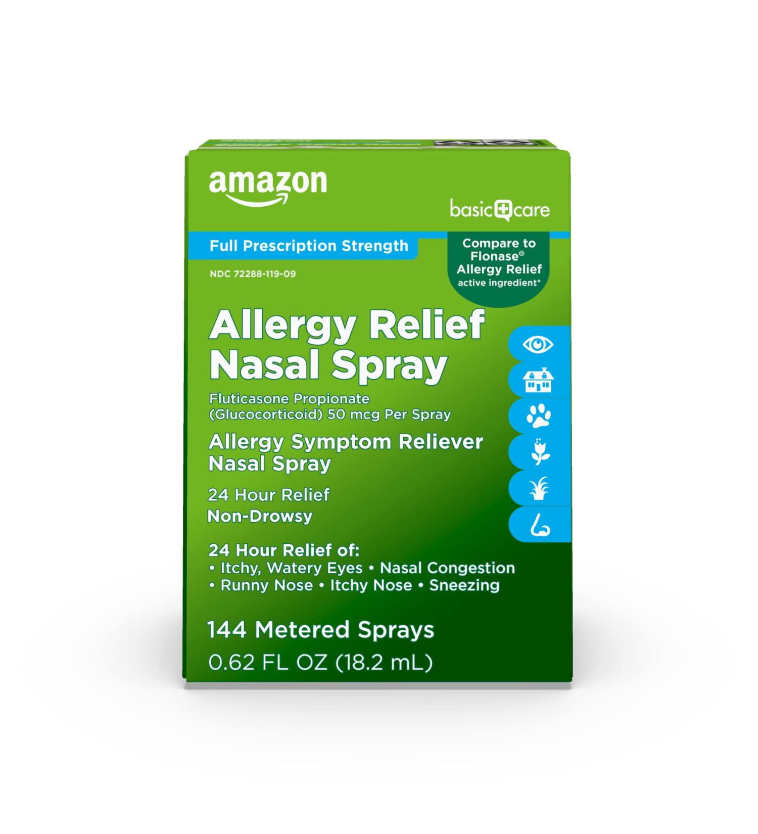 Amazon Basic Care 24-Hour Allergy Relief Nasal Spray | Fluticasone Propionate 50mcg | Non-Drowsy Formula | 0.62 Fl Oz - Buy Online on GoSupps.com