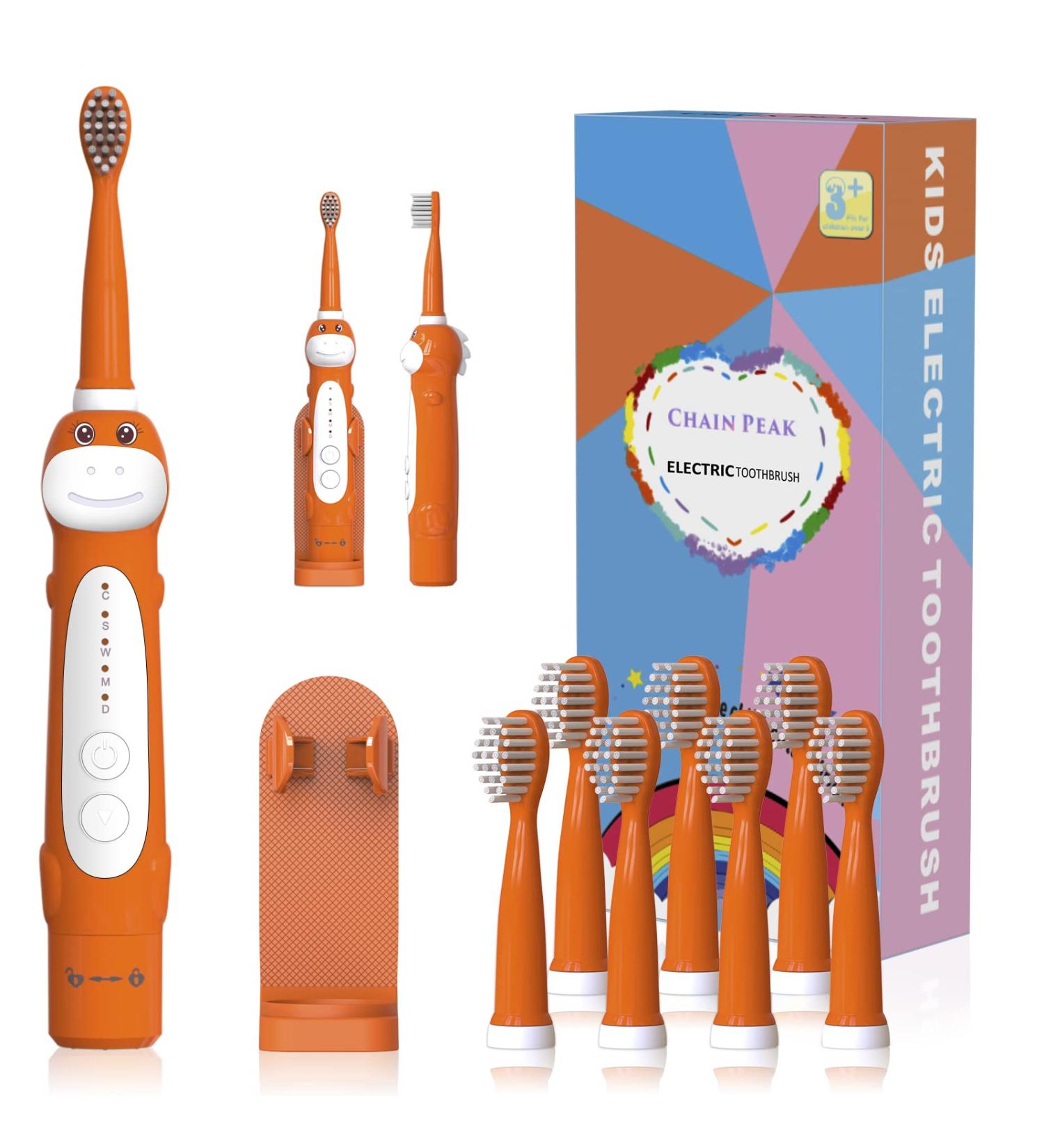 CHAIN PEAK Dinosaur Kids Sonic Electric Toothbrush for Children 3-12 | 30s Reminder, 2 Mins Timer, 5 Modes | 8 Brush Heads, Rechargeable | Orange | Wall-Mounted Holder - Buy Online on GoSupps.com